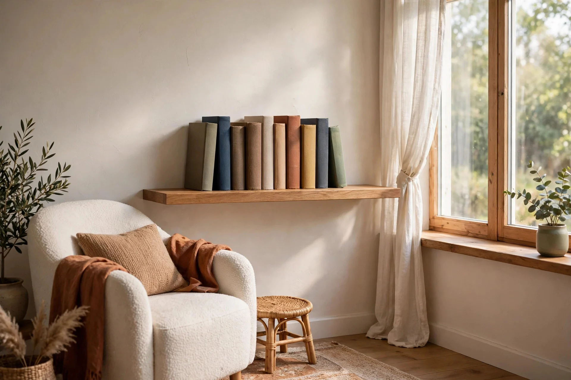 Wooden picture ledge on wall holding books above reading chair