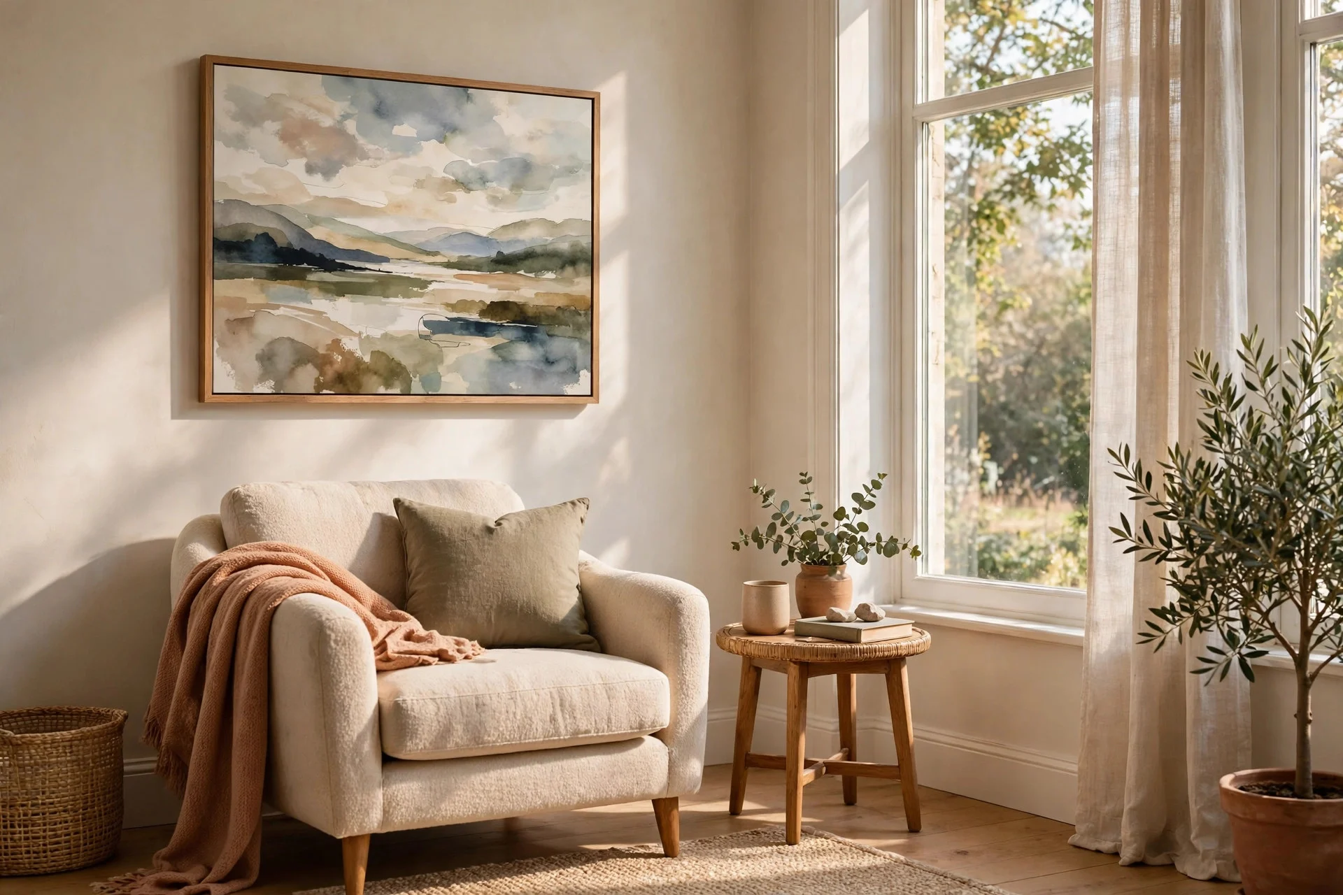 Abstract landscape painting hanging beside bright living room window