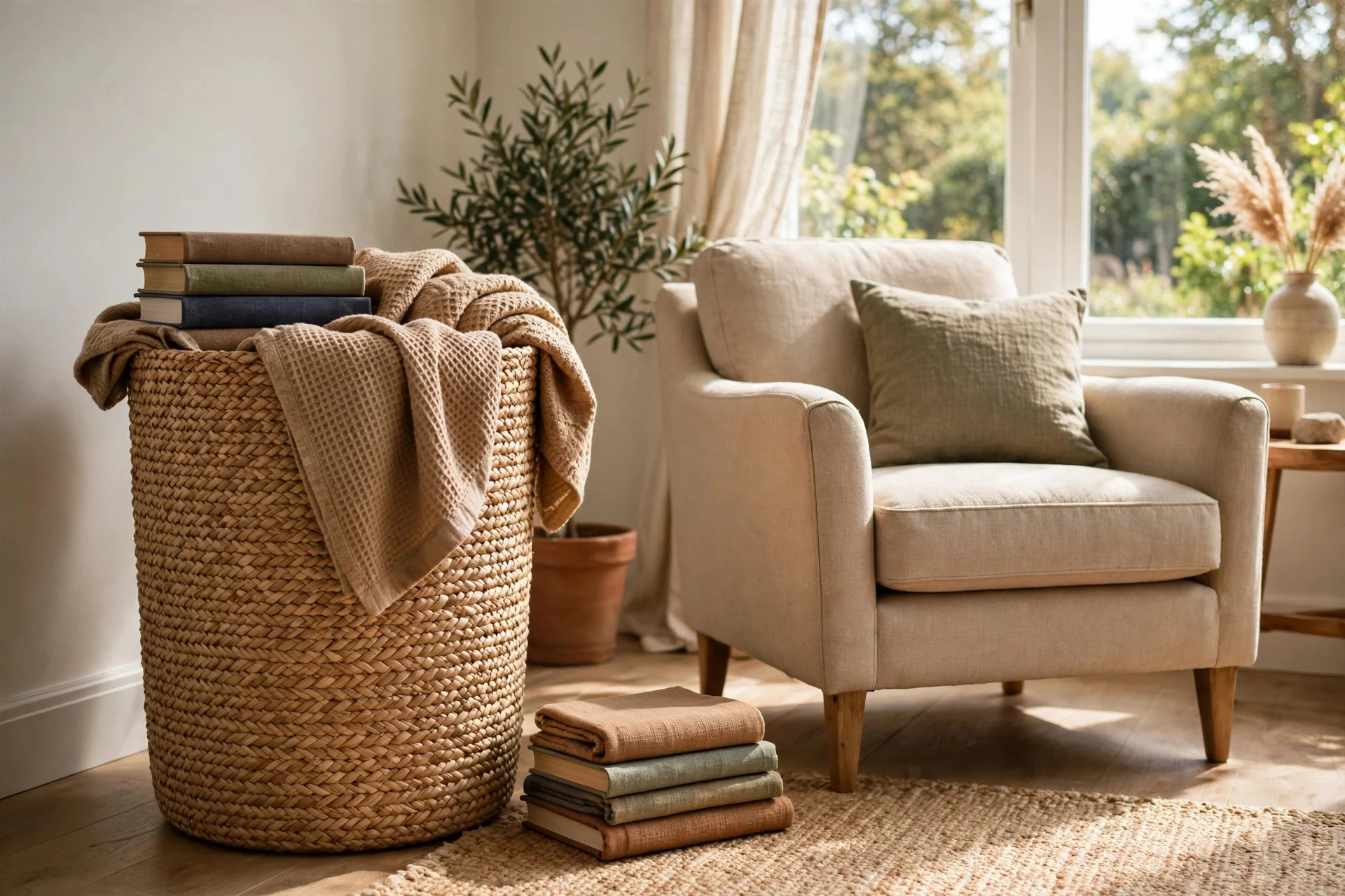 Woven seagrass basket with books beside reading armchair