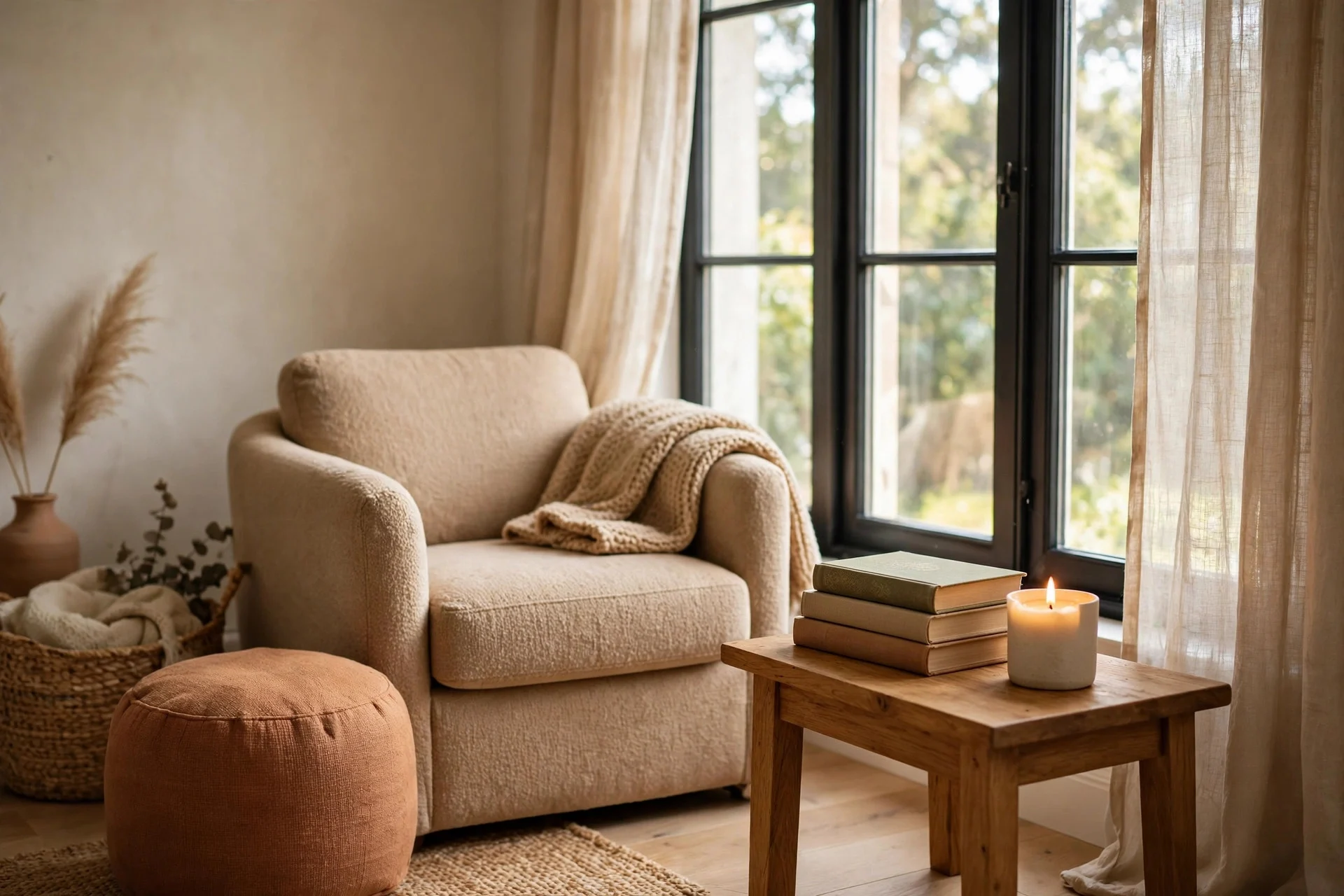 Reading corner finishing touches: pouf candle and books near armchair