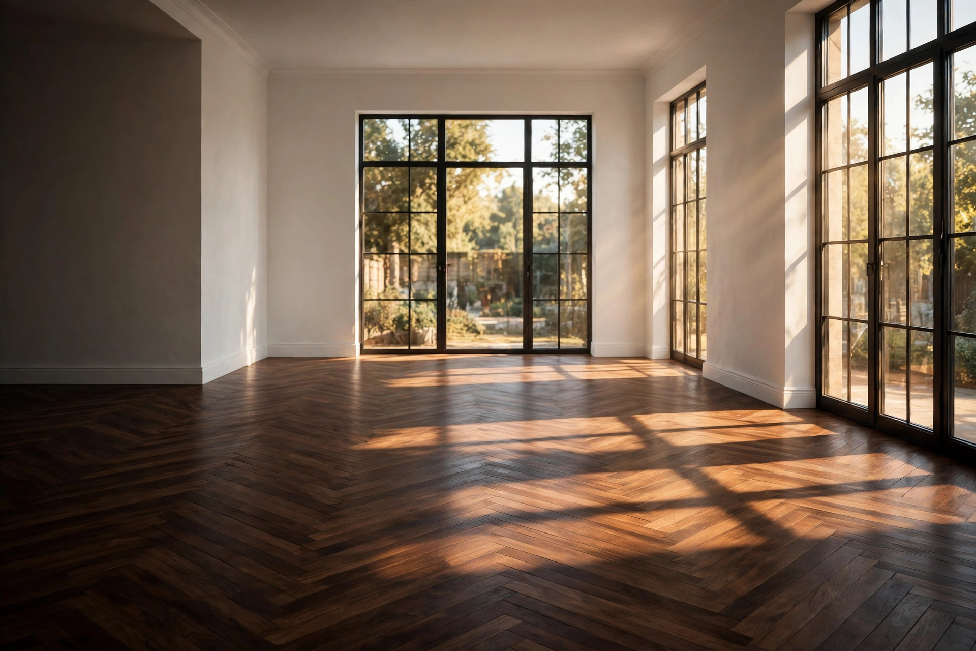 Person standing in a sunlit living room observing light on dark floors