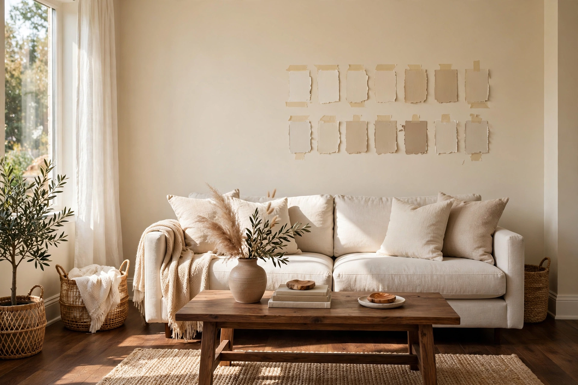 Warm cream painted walls above dark wood flooring with furniture
