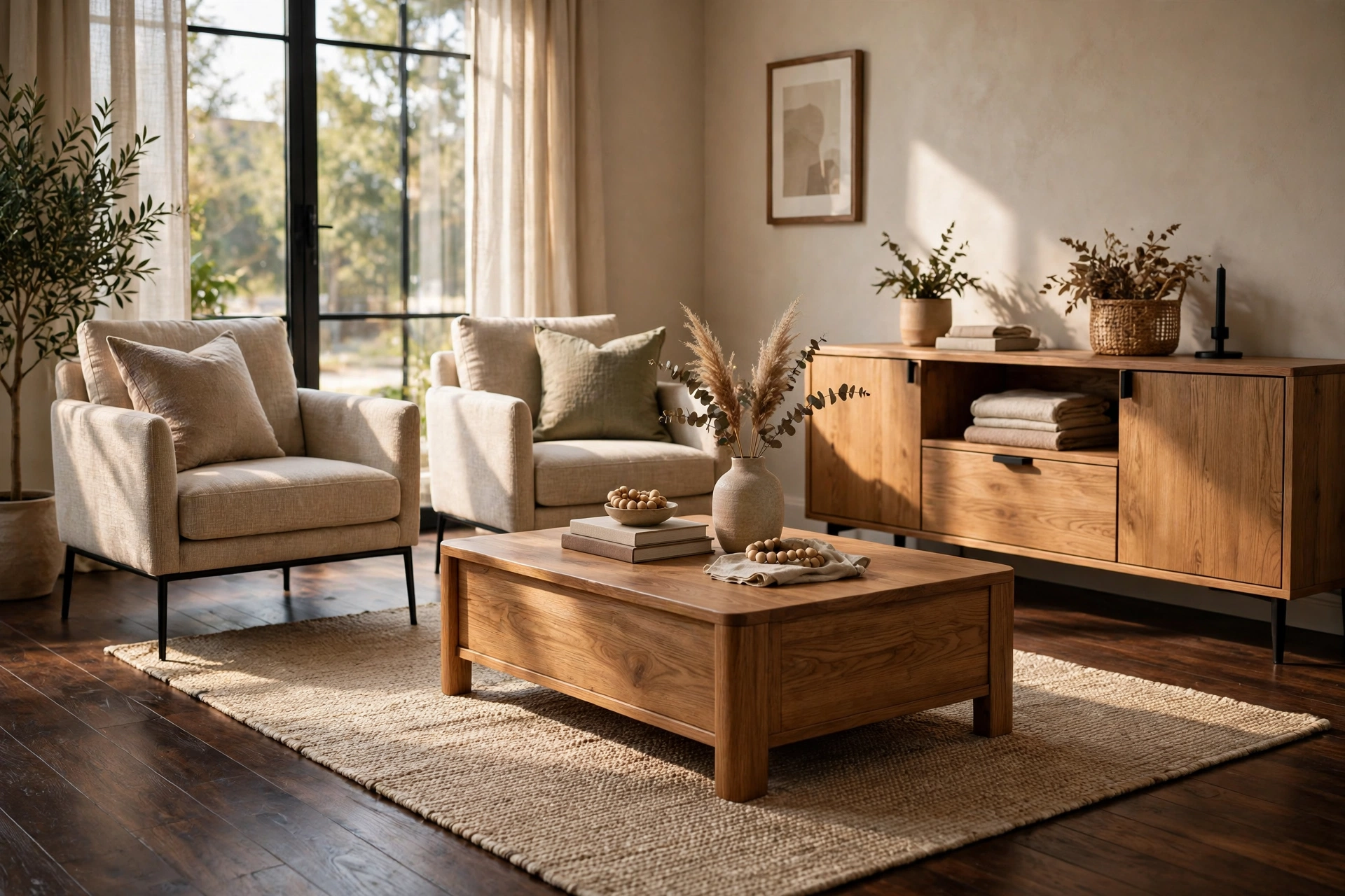 Medium oak coffee table and light chairs over dark wooden floor