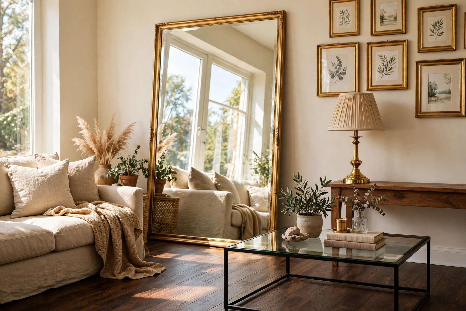 Large mirror and brass accents reflecting light over dark wood floor