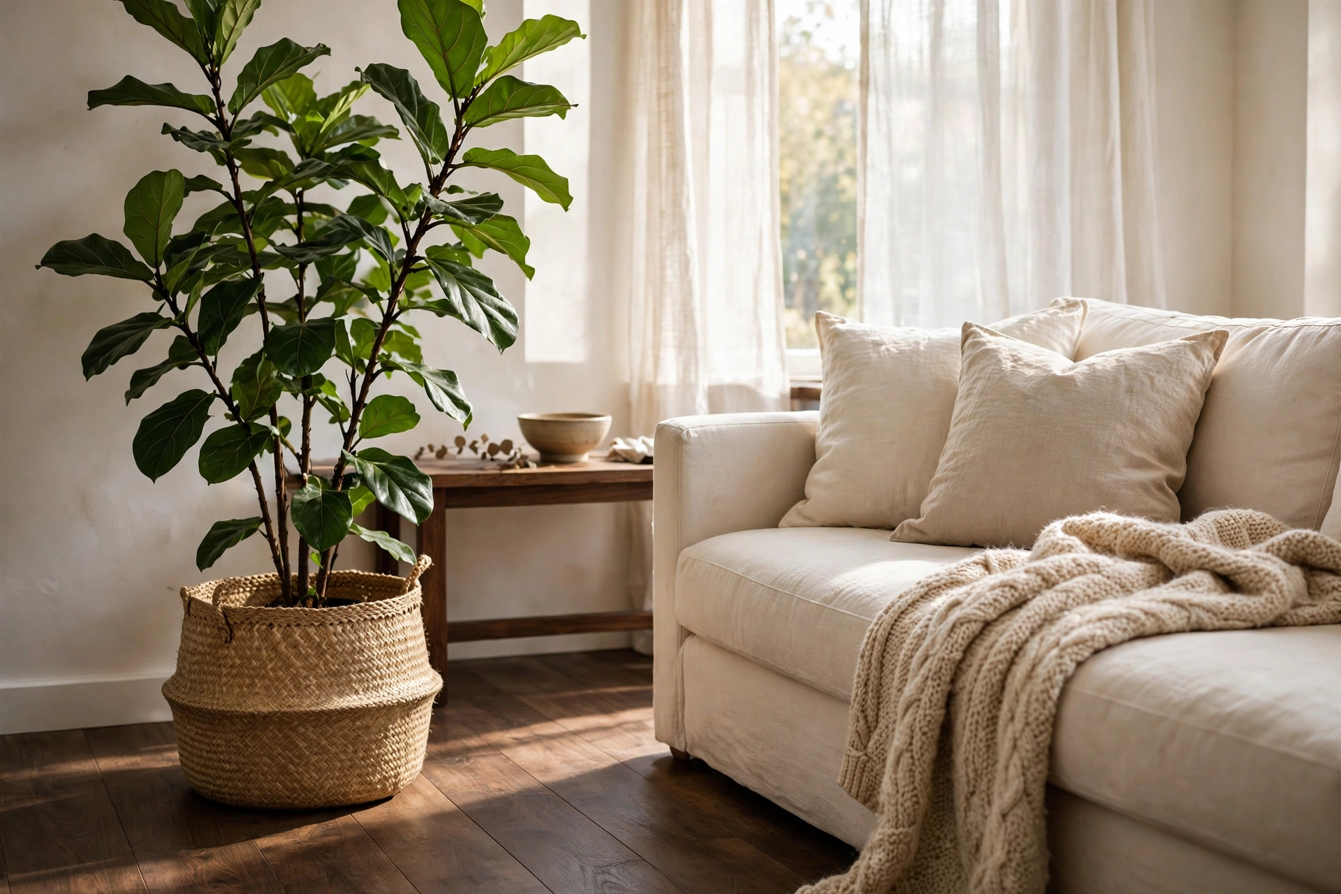Tall leafy plant in woven basket beside sofa on dark wood floors