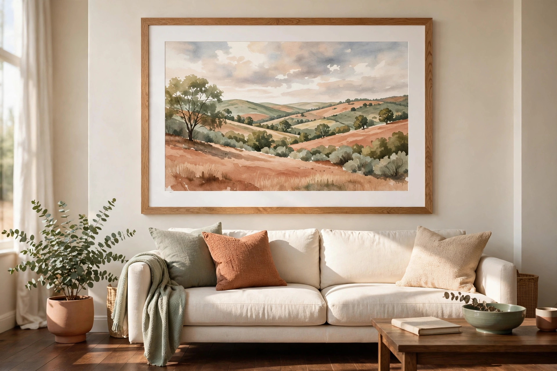 Large framed art with light mat hanging over sofa on dark floors