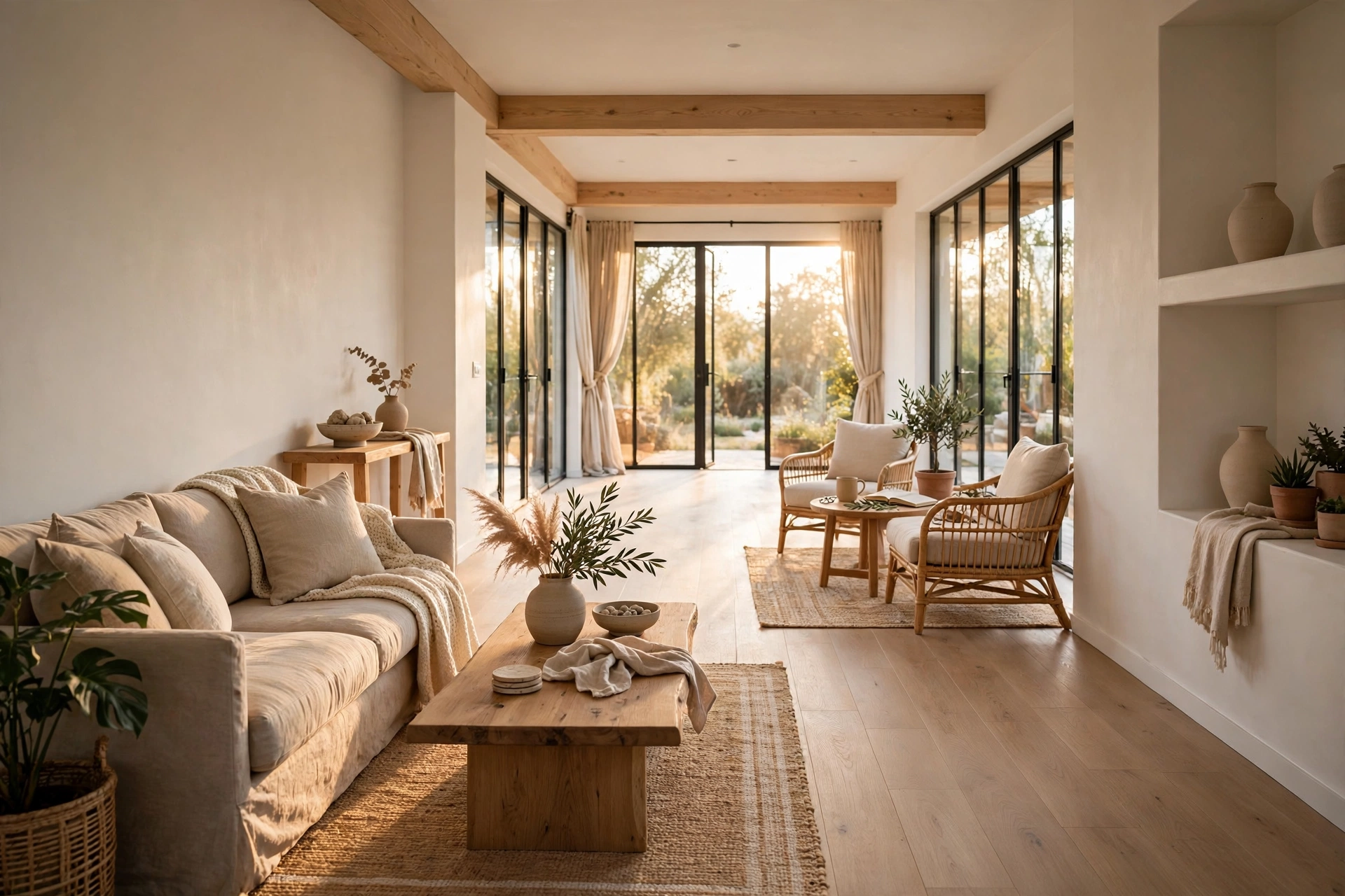 Long narrow living room divided into two distinct seating zones with sofas