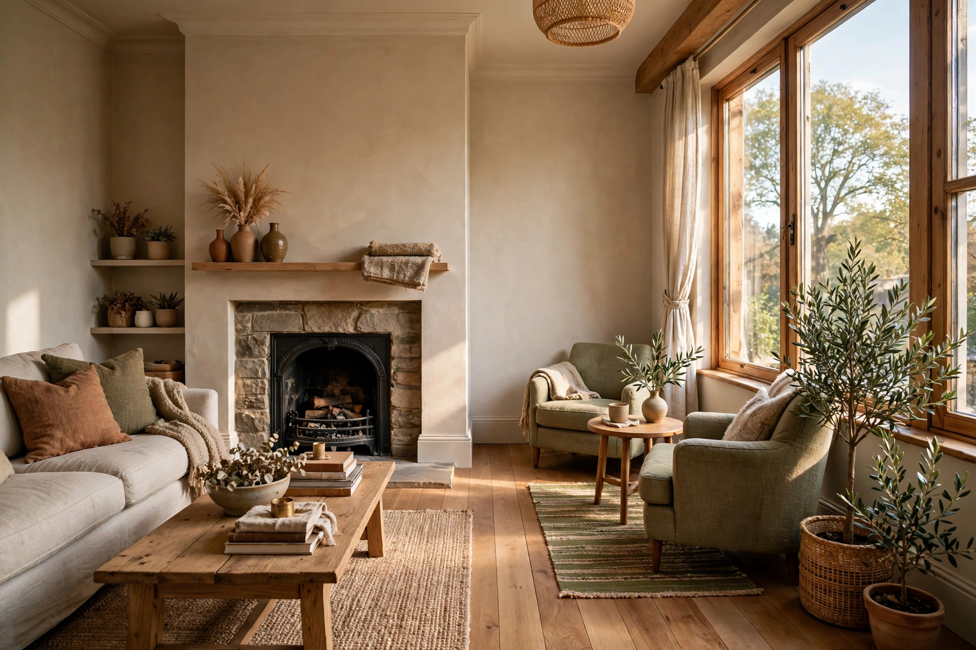 Long narrow living room divided into two distinct seating zones with sofas