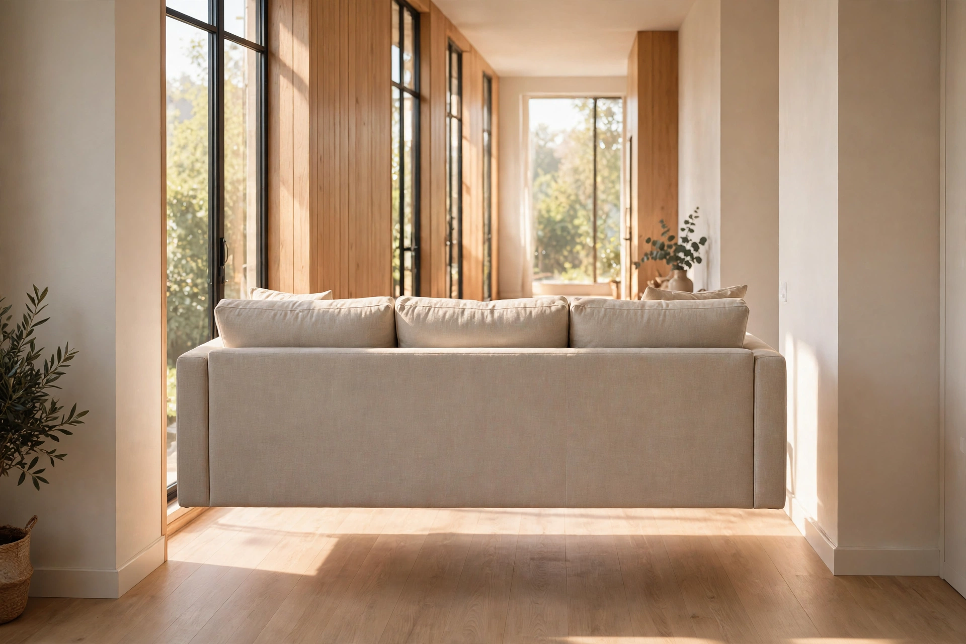 Sofa floated in the middle of a narrow living room with walkway behind