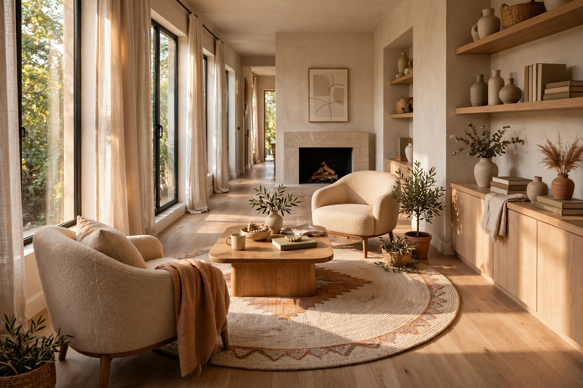 Large round rug under coffee table in long narrow living room interior