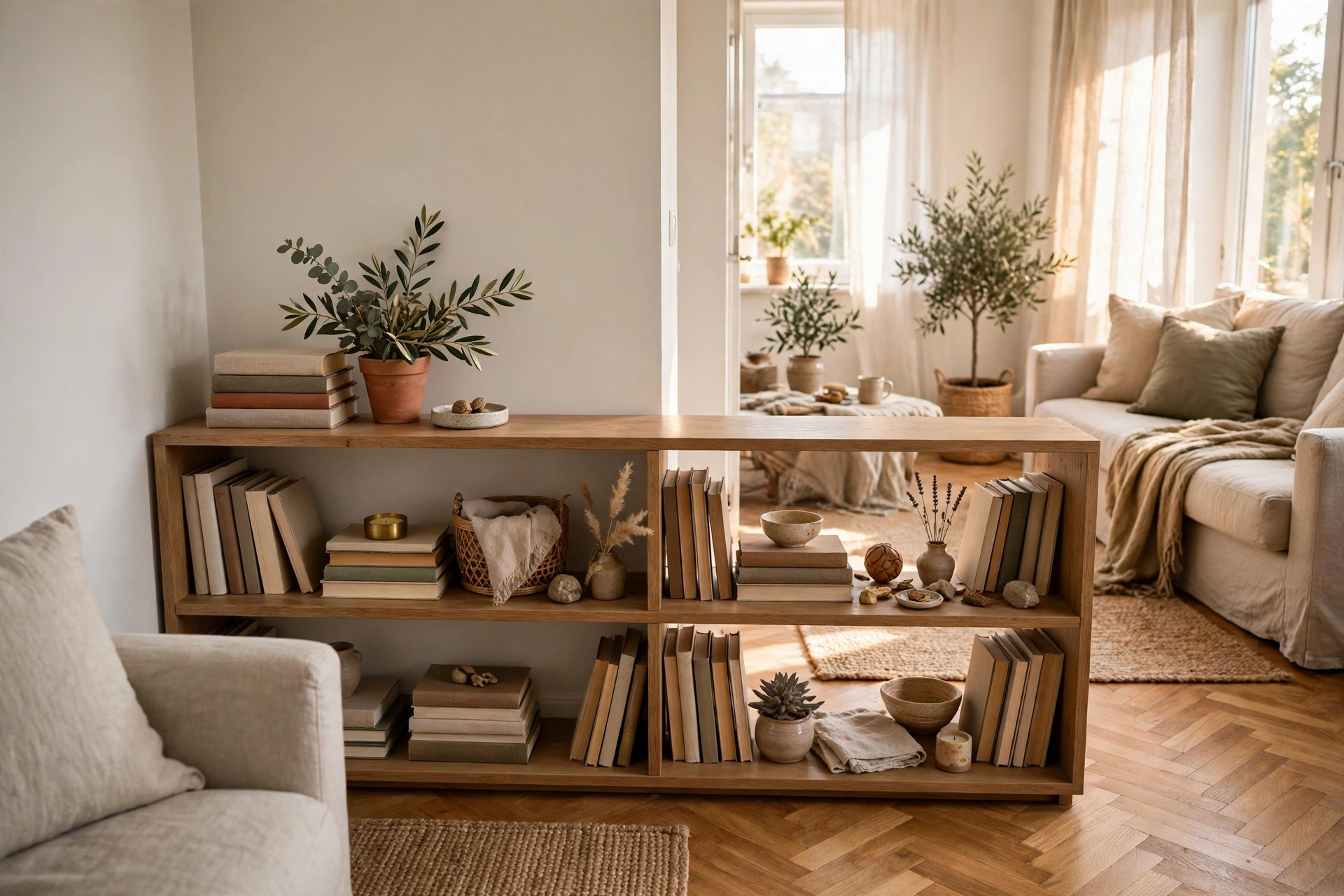 Open bookshelf placed across a narrow living room as a room divider