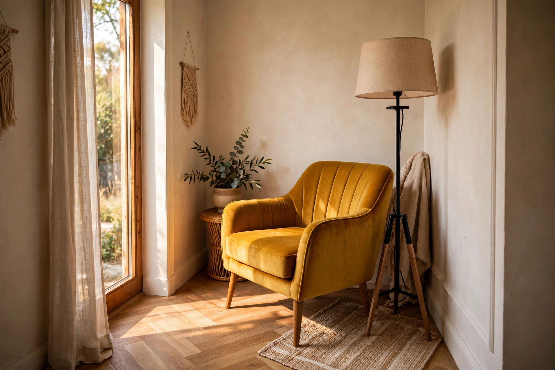 Accent chair angled diagonally in narrow living room beside floor lamp