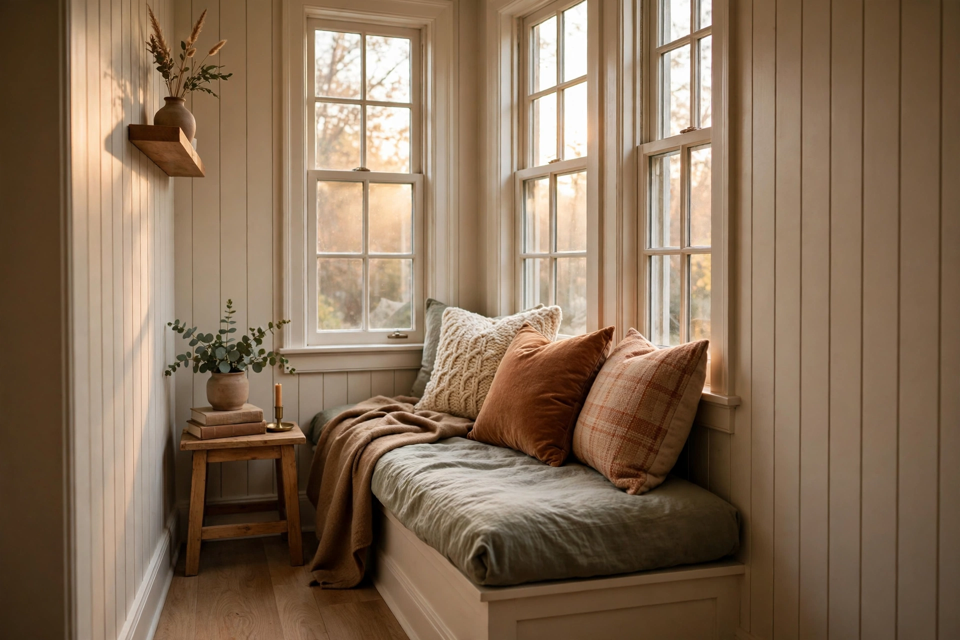 Window seat with cushions and pillows in a narrow living room nook