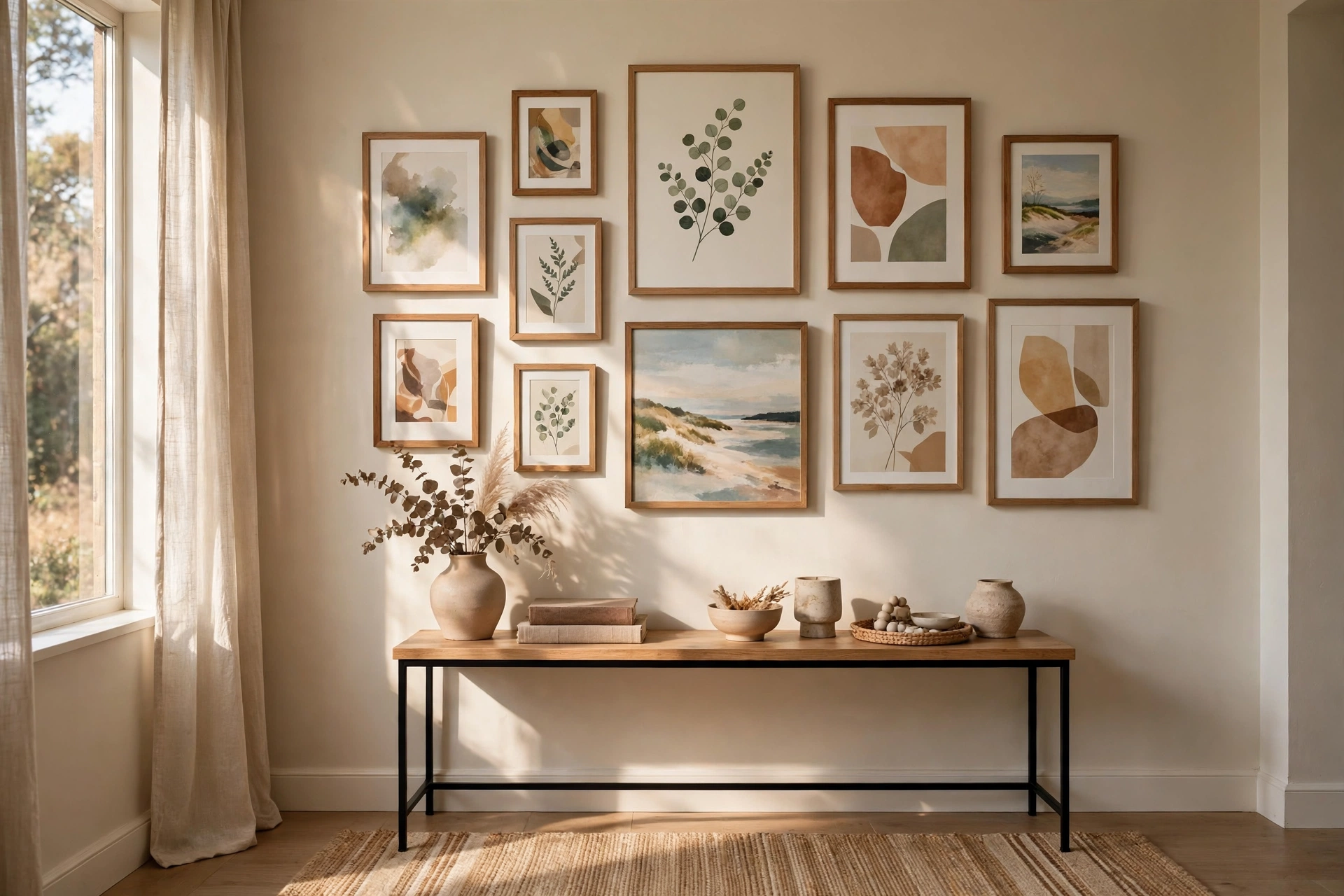 Gallery wall of framed art arranged along the long wall of living room
