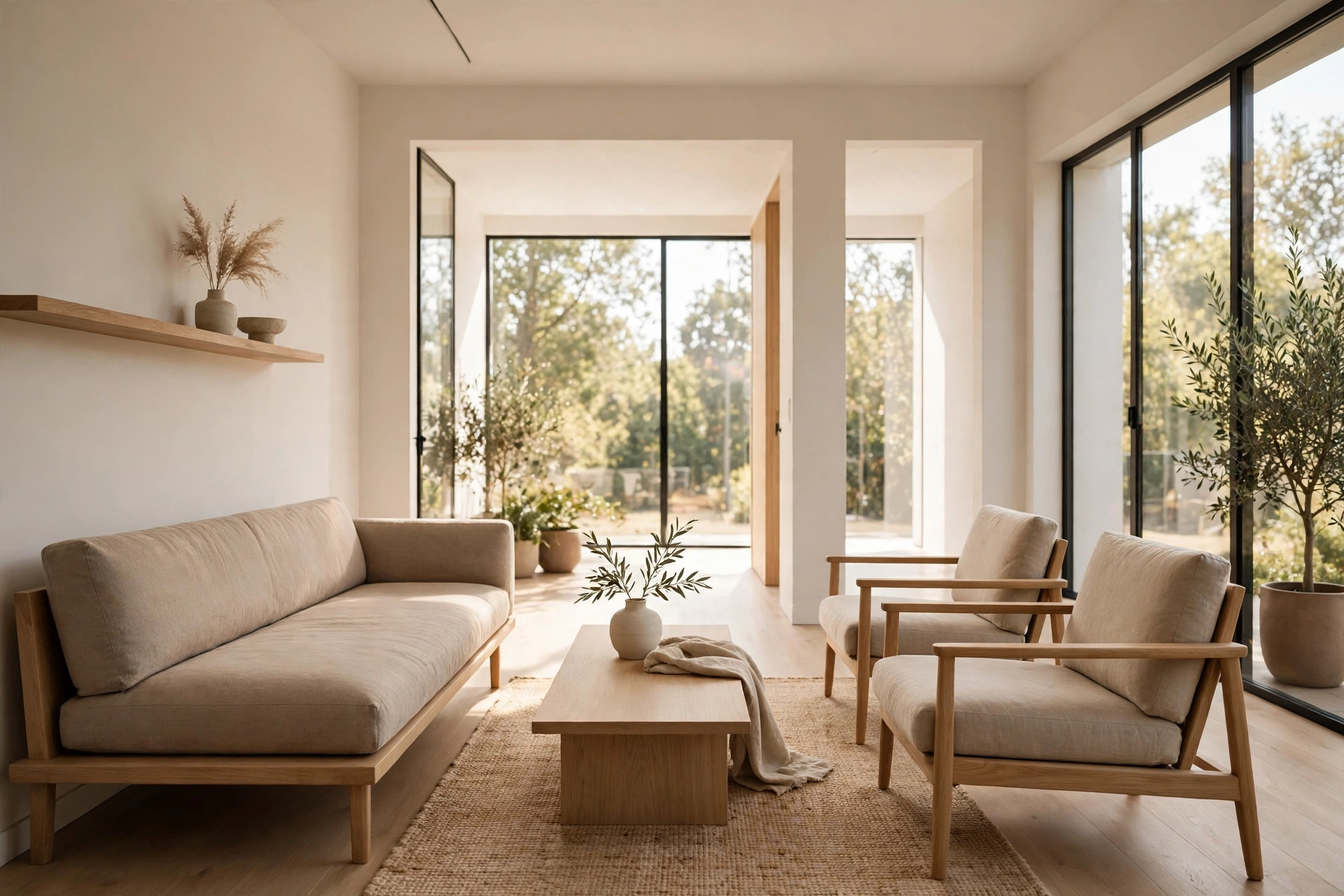 Low profile slim sofa and furniture keeping sight lines open in living room