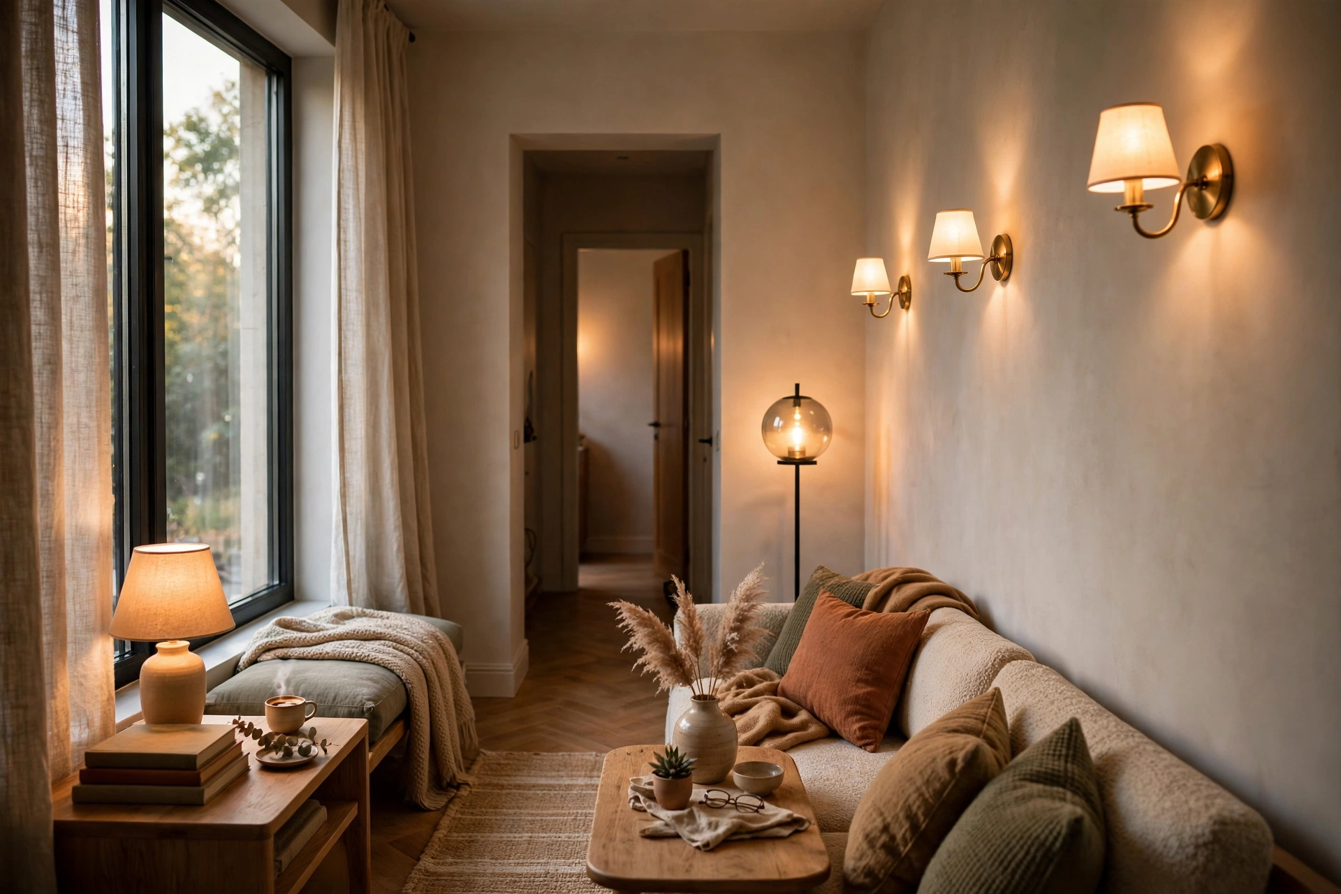 Narrow living room with layered lighting from floor lamp and wall sconces