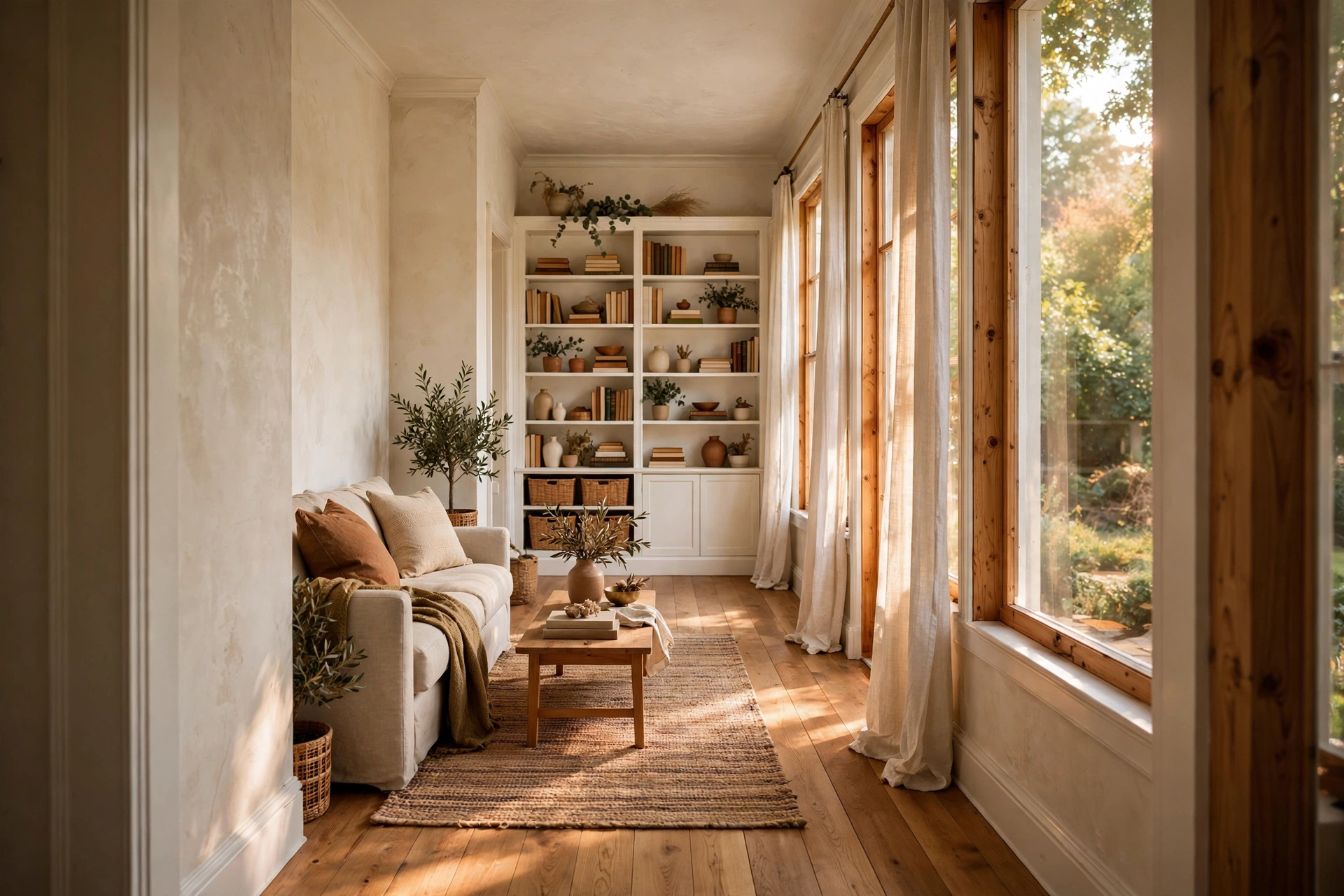 Tall white bookcase on the far end wall of a narrow living room