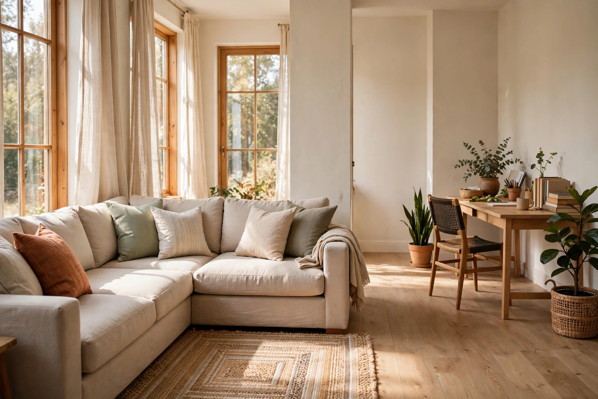 Sectional sofa in L shaped arrangement at one end of narrow living room