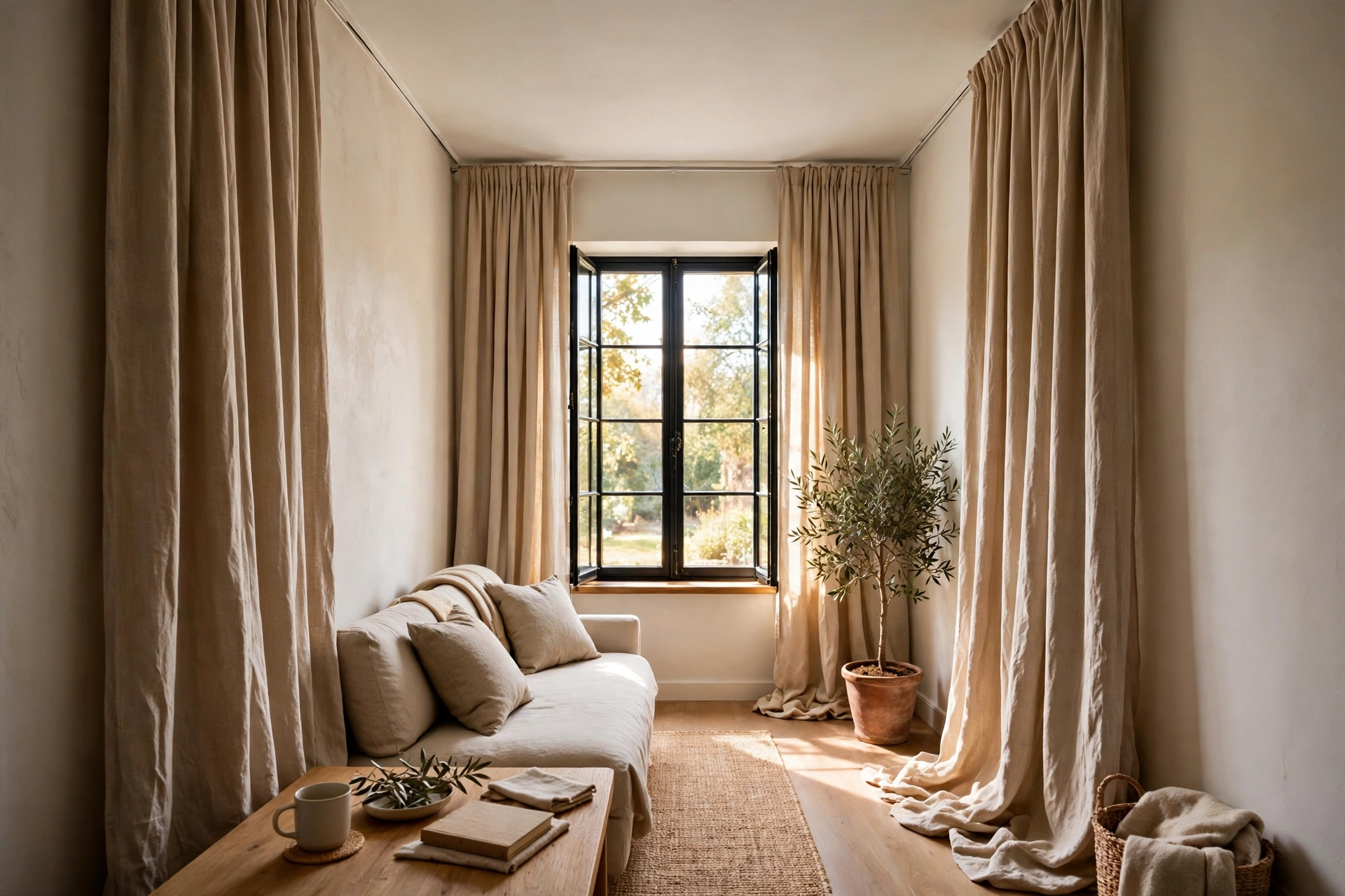 Floor to ceiling curtains hung high and wide in a narrow living room