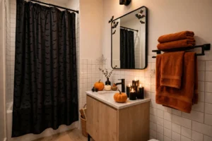 Spooky-cute Halloween bathroom decor with bat shower curtain, orange towels, pumpkins and black candles