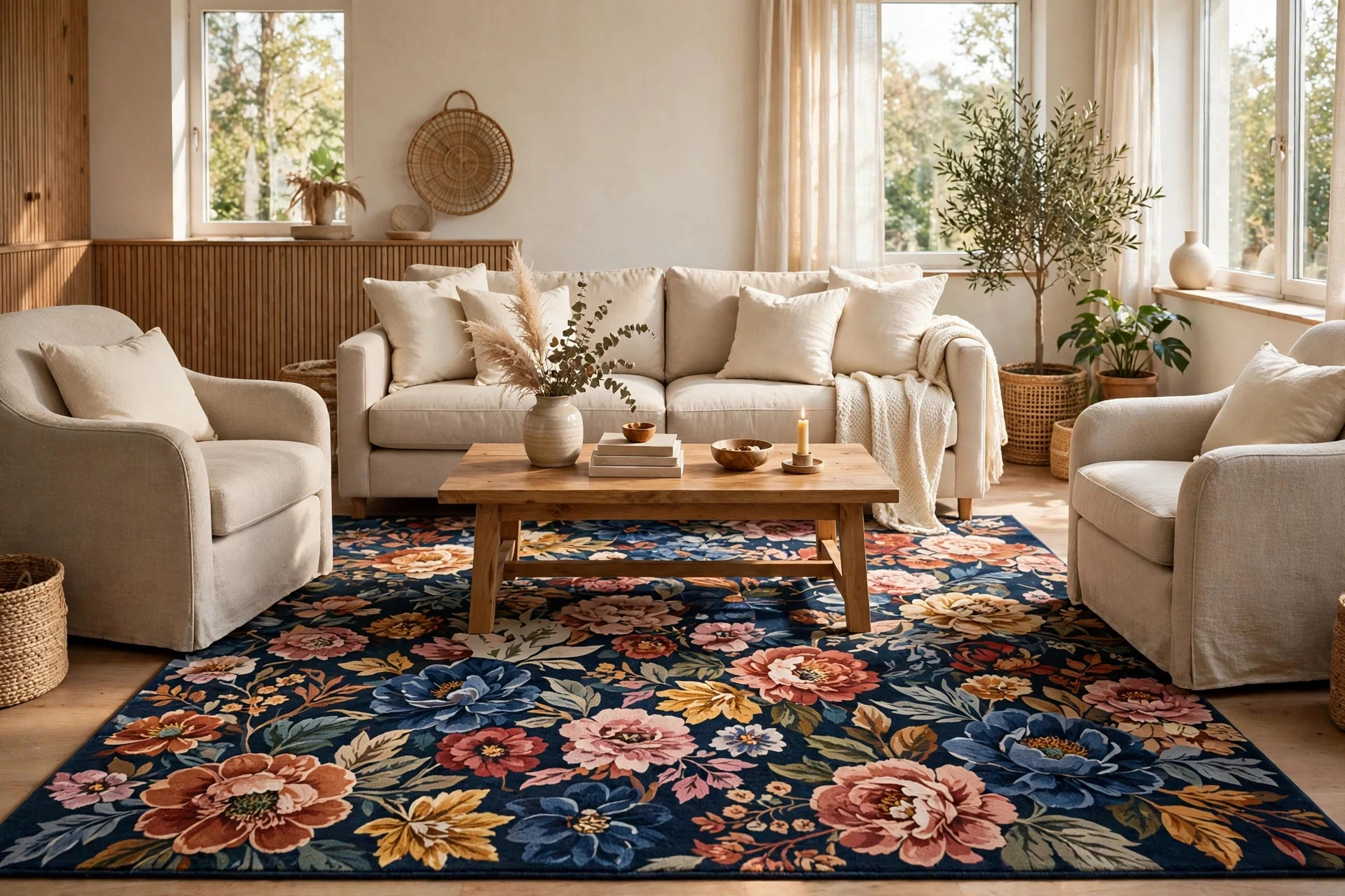 Living room with bold floral rug anchoring solid sofas and cushions