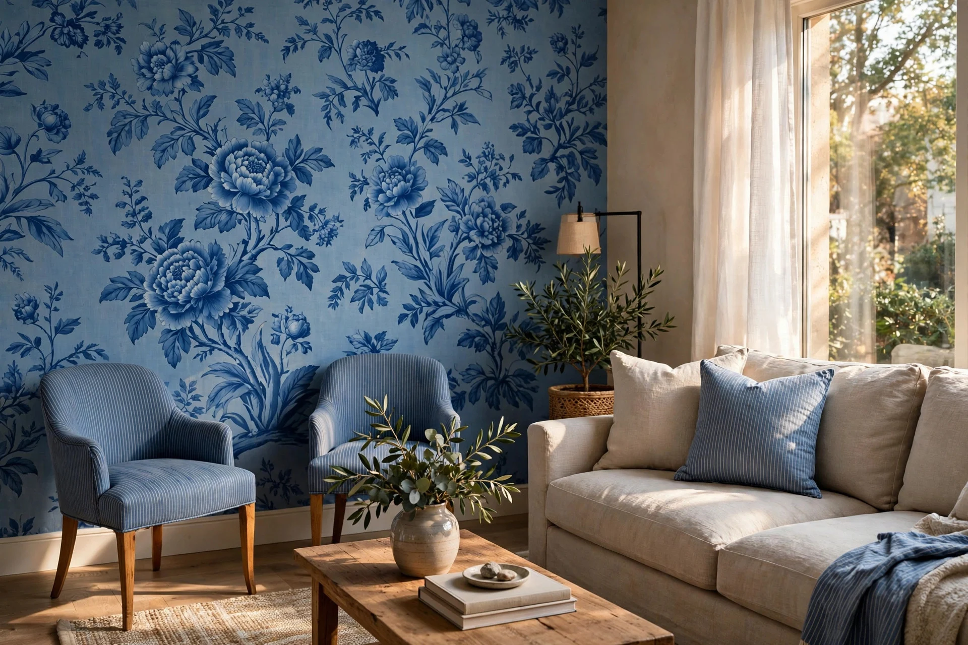 Large-scale floral wallpaper beside small pinstripe upholstered accent chairs