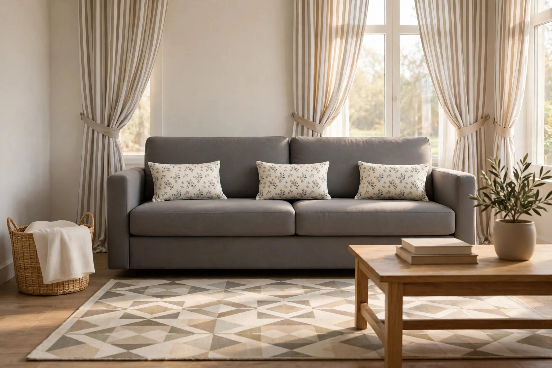 Living room showing exactly three patterns on rug, curtains, and pillows
