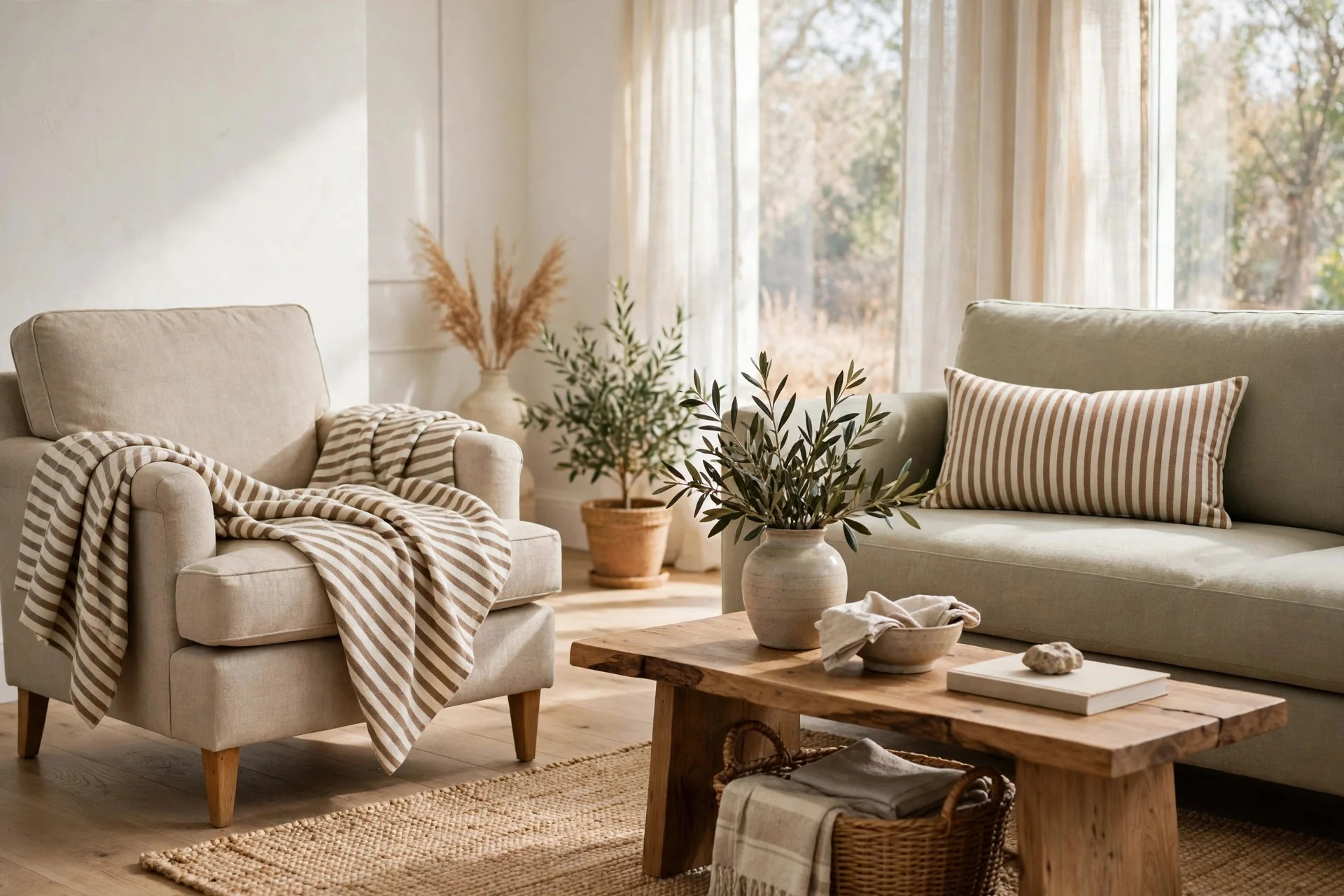 Striped throw on armchair echoed by striped lumbar pillow on opposite sofa