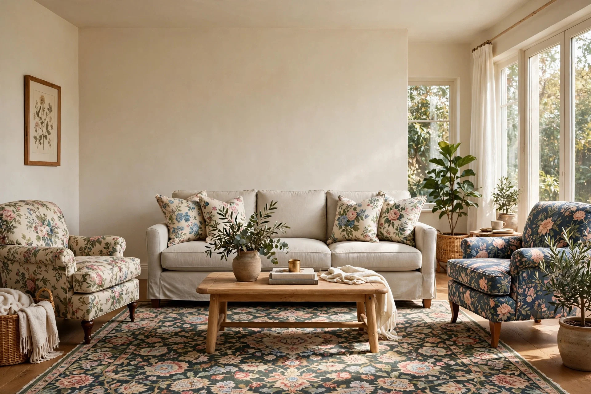 Patterned rug and cushions separated by a plain solid linen sofa