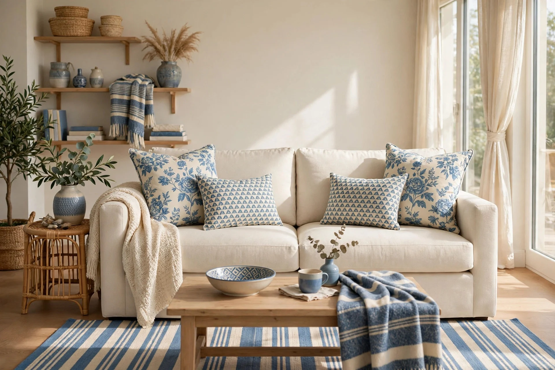Blue and cream patterns in a cohesive living room color scheme