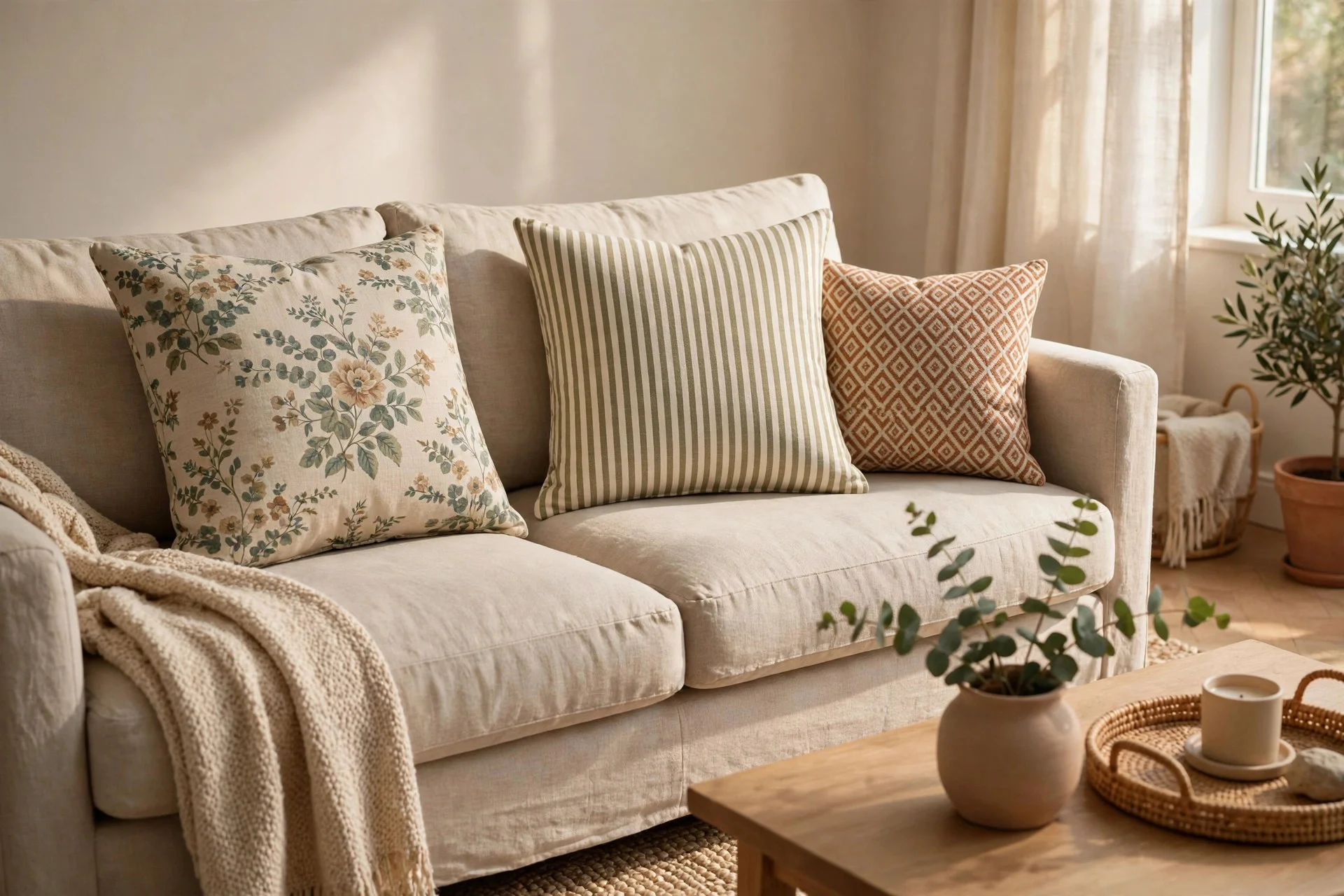 Floral, stripe, and geometric cushions mixed together on a neutral sofa