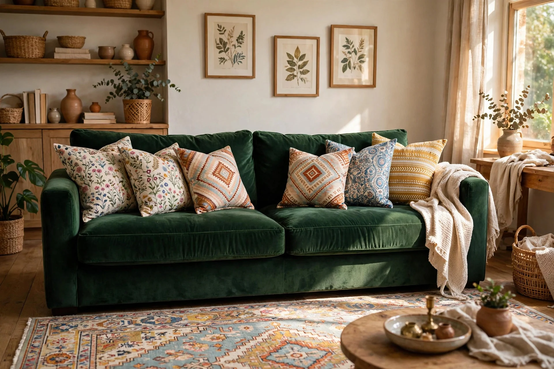 Busy patterned cushions grounded by a deep green velvet sofa