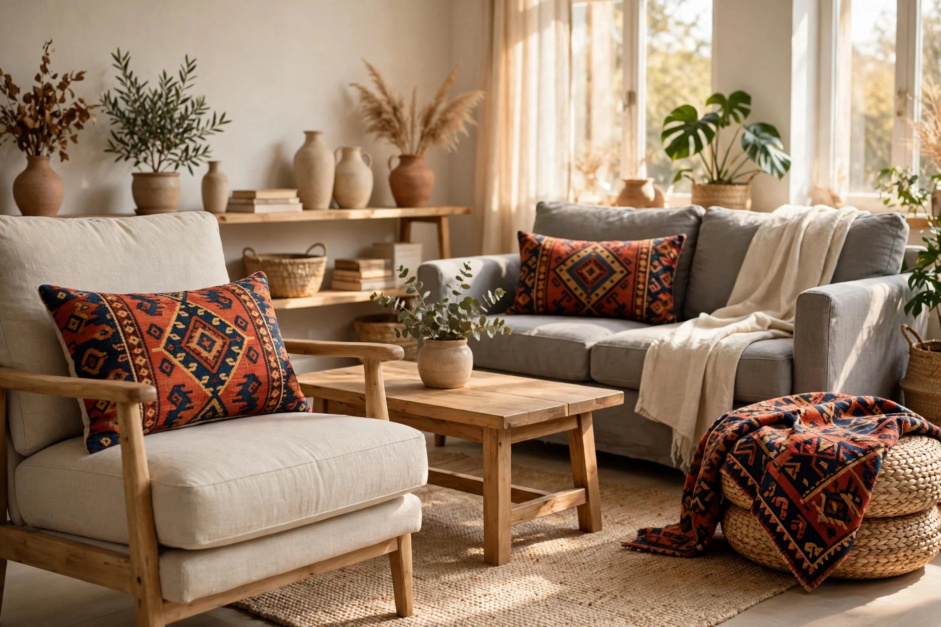 Bold patterned textiles spread across different zones of a living room