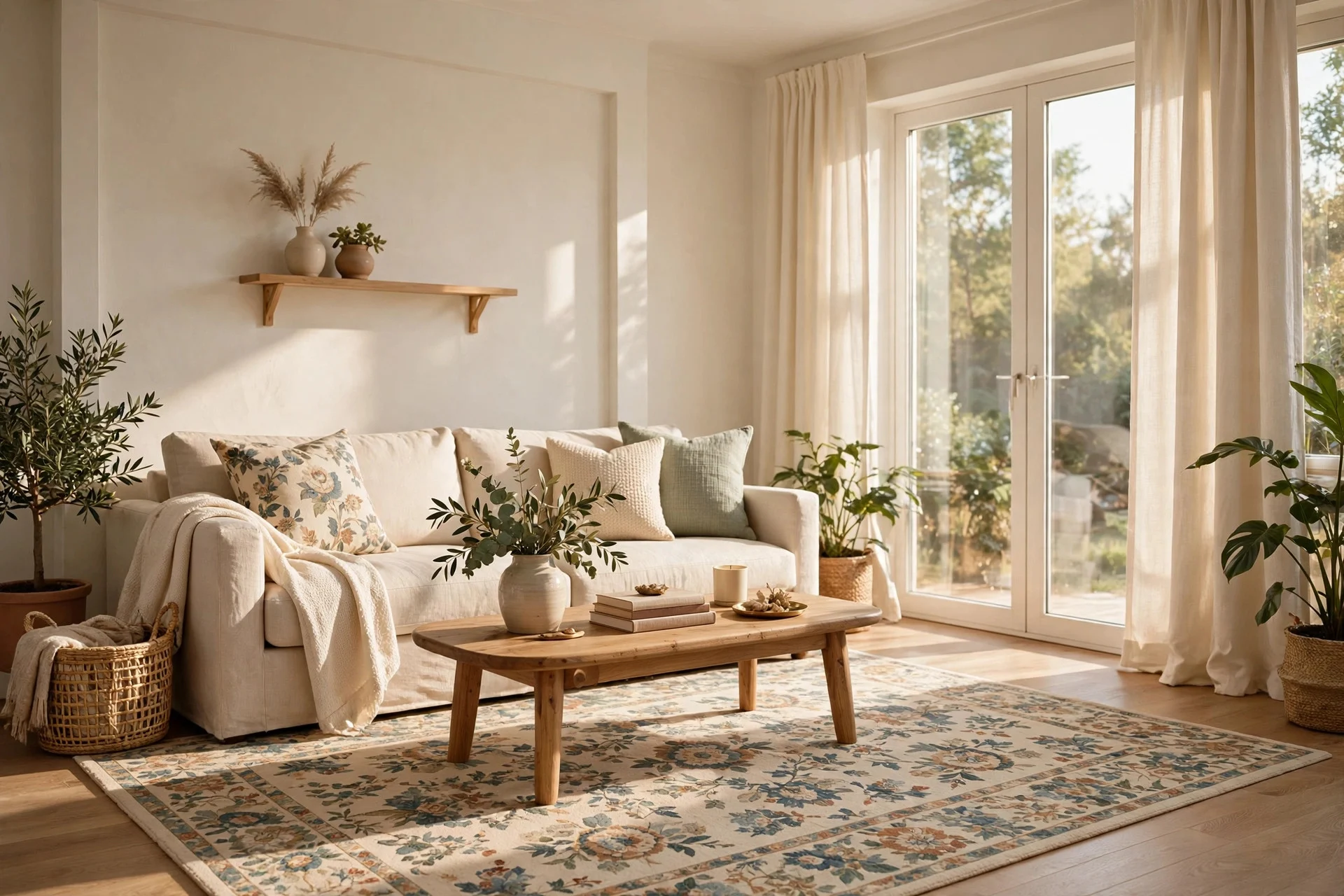 Patterned area rug paired with solid curtains in a bright living room