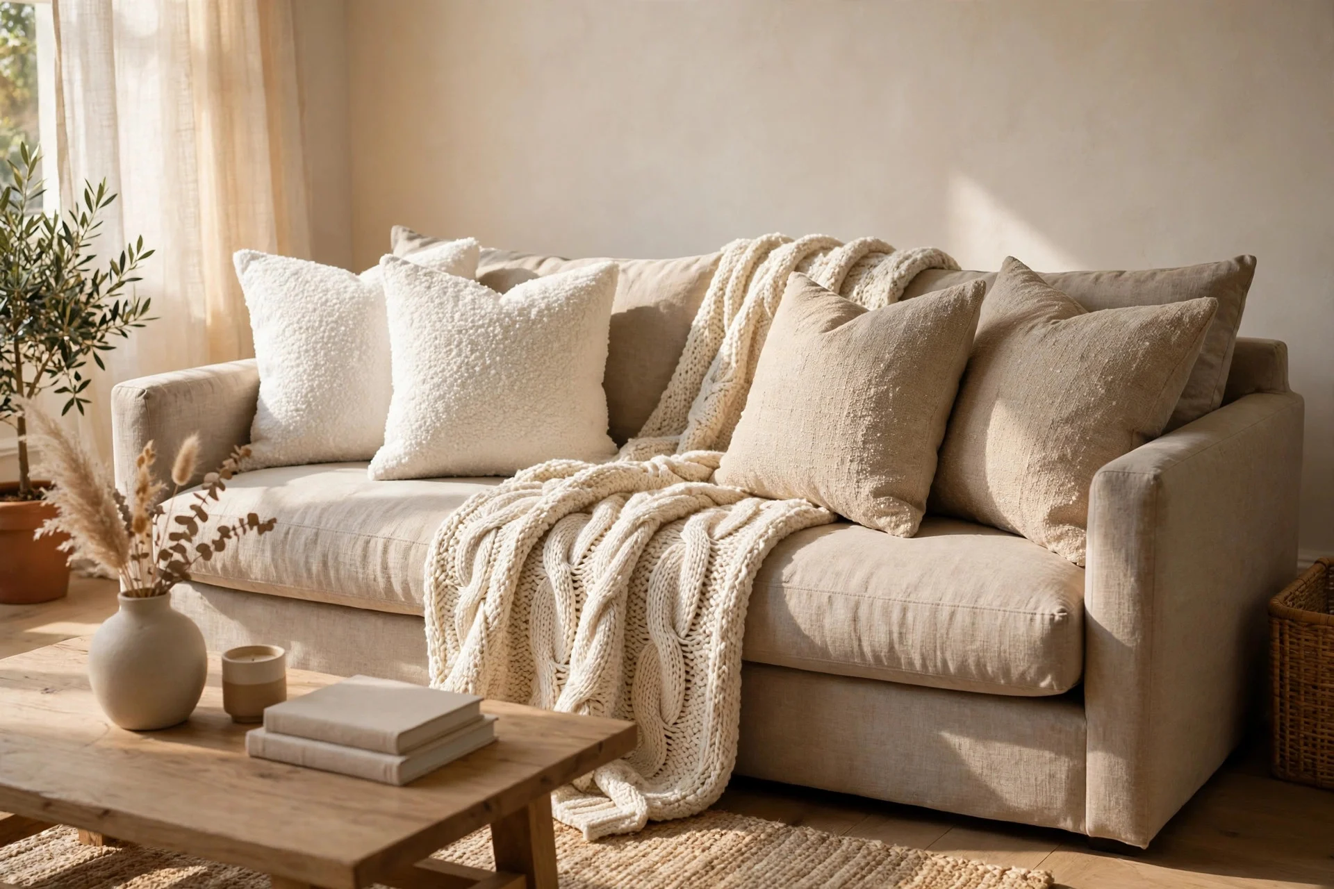 Textured boucle cushions and knitted throw adding pattern through texture
