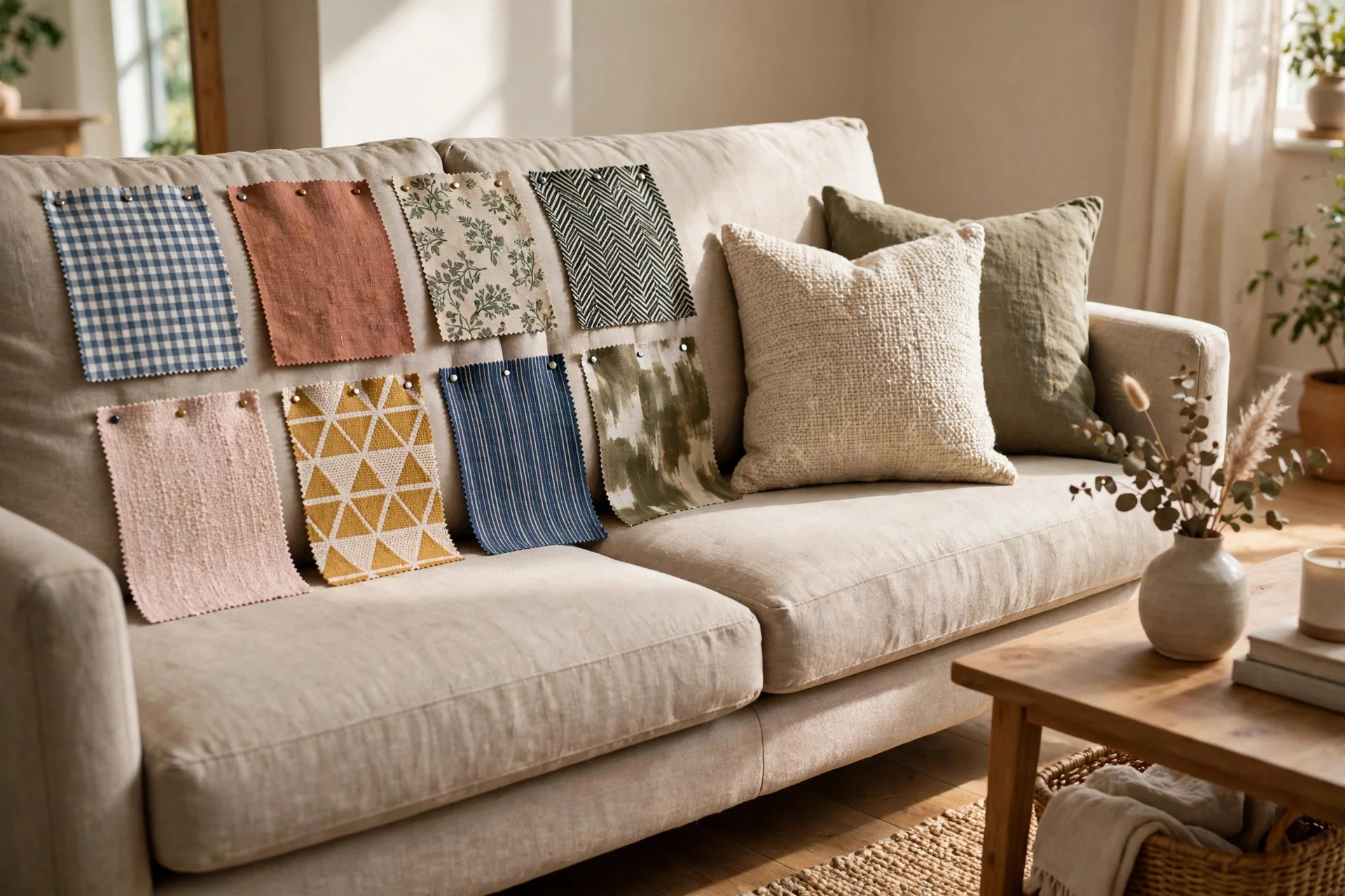 Fabric swatches pinned to a sofa being tested in daylight