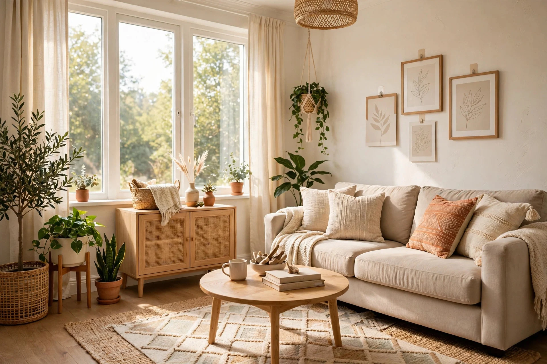 Cozy rental living room with removable decor in warm daylight
