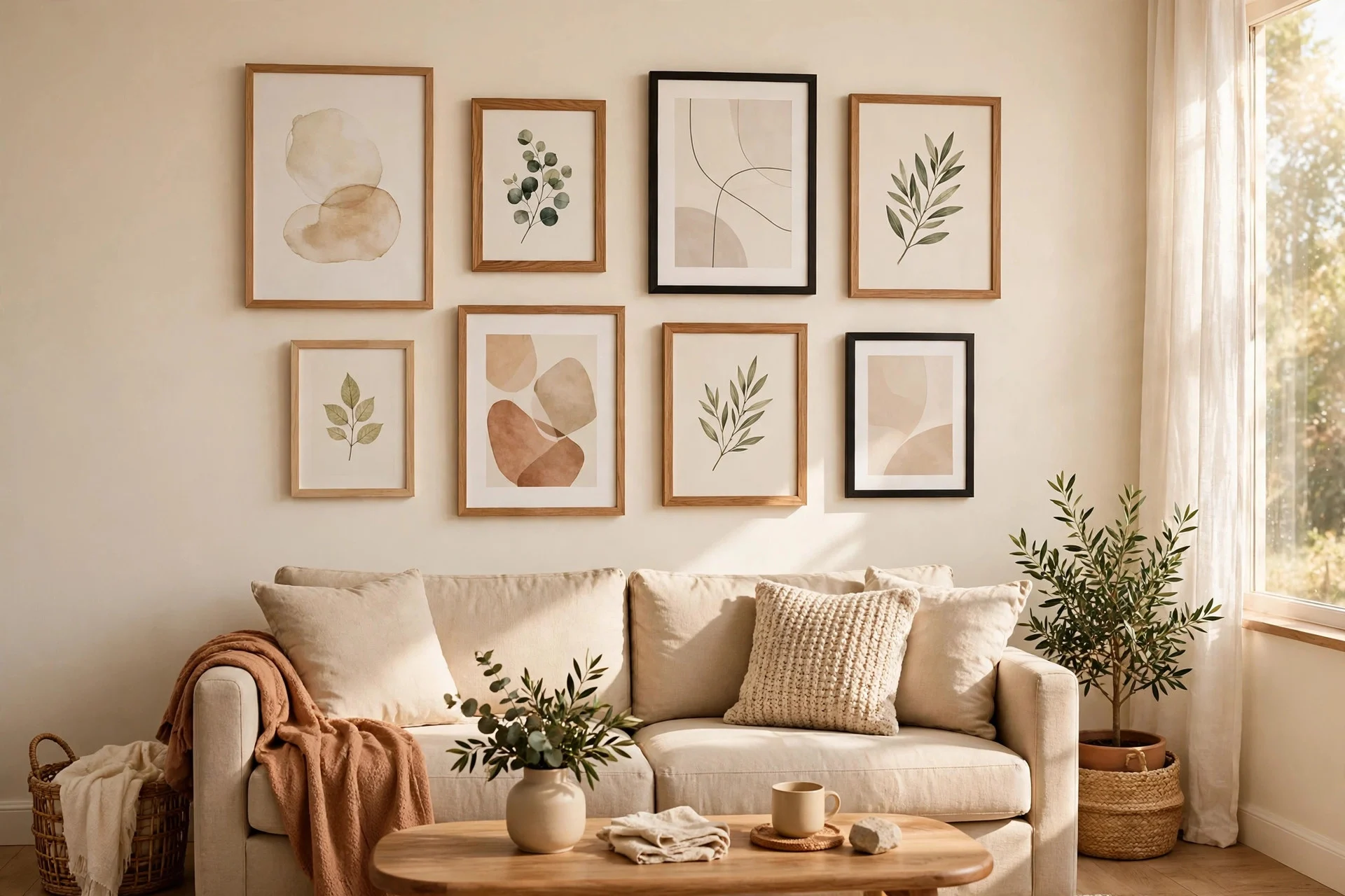 Framed gallery wall art arranged above a beige living room sofa