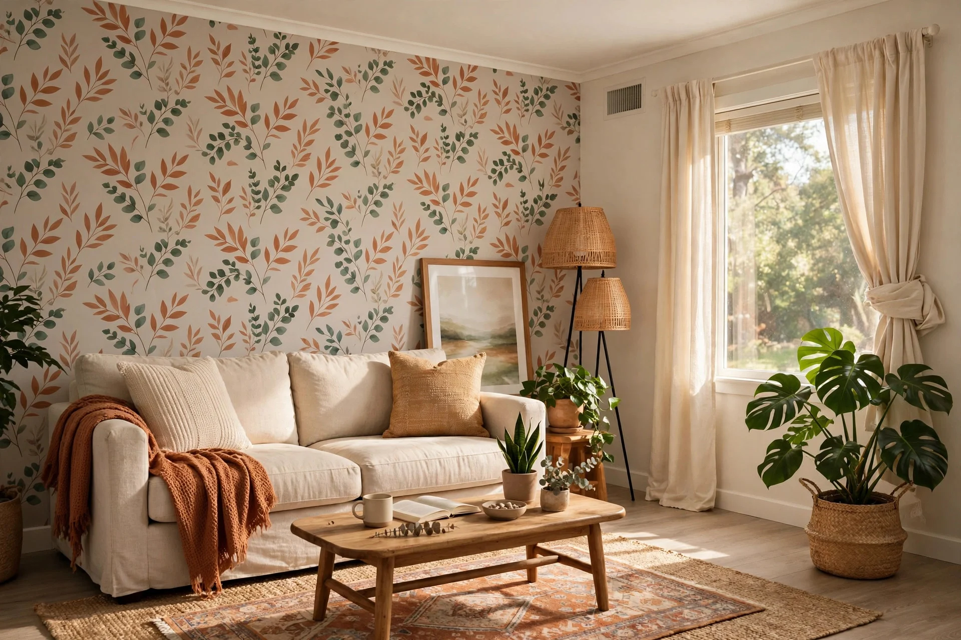 Botanical peel and stick wallpaper accent wall behind neutral sofa