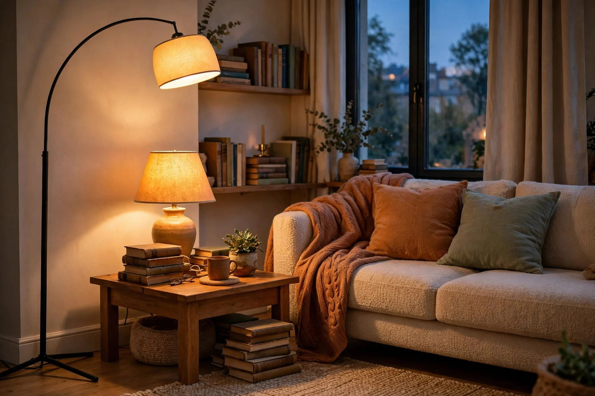 Arc floor lamp and table lamp glowing in a cozy living room corner