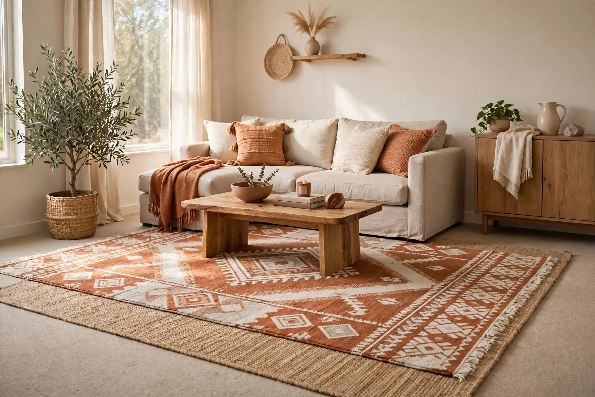 Patterned terracotta area rug layered under wooden coffee table