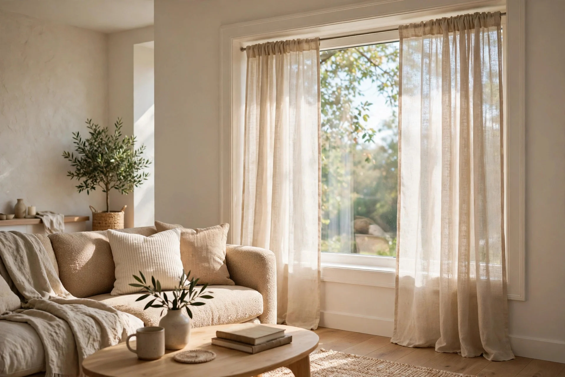 Linen curtains on a tension rod inside a bright window frame