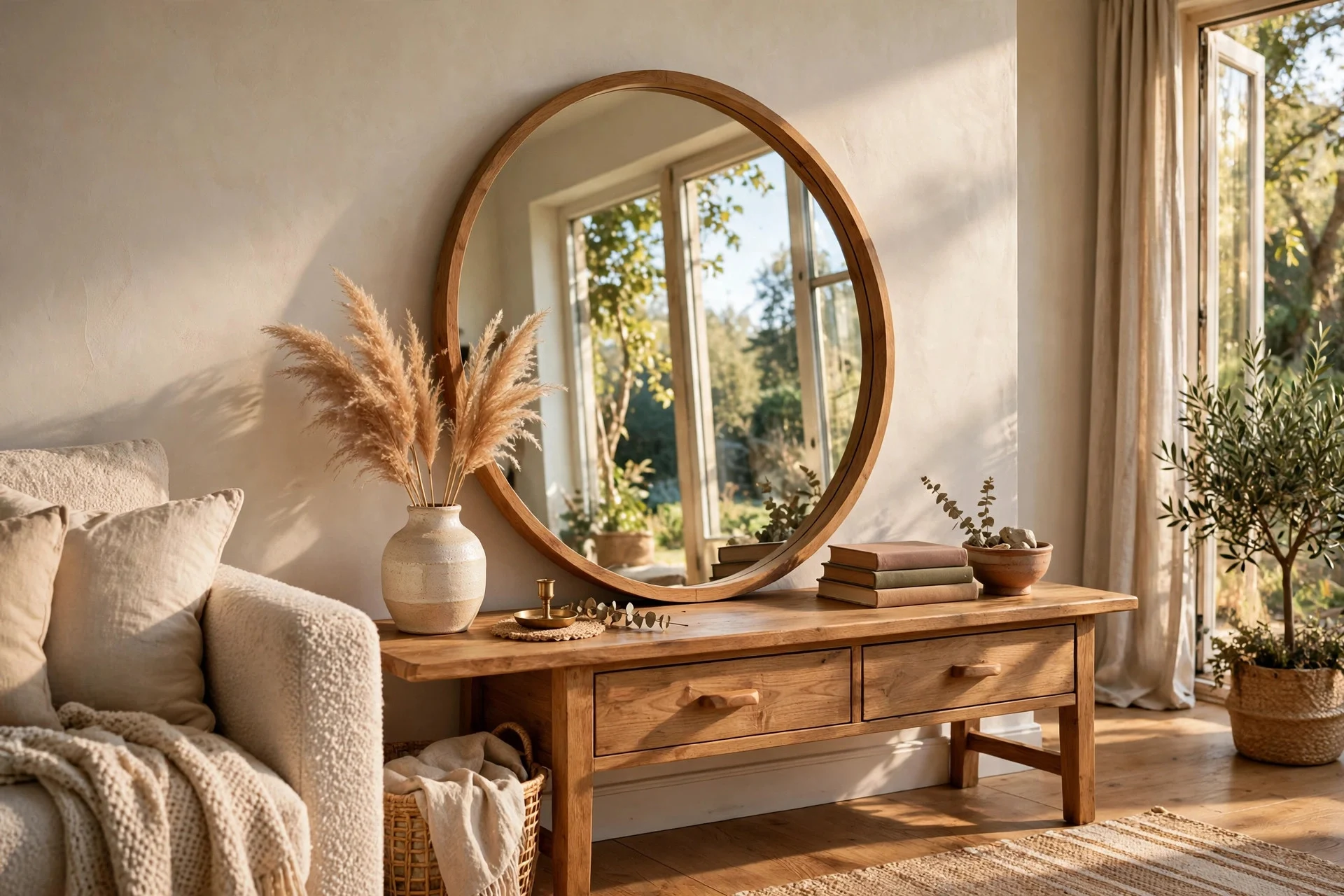 Round wooden mirror leaning on a console table in living room