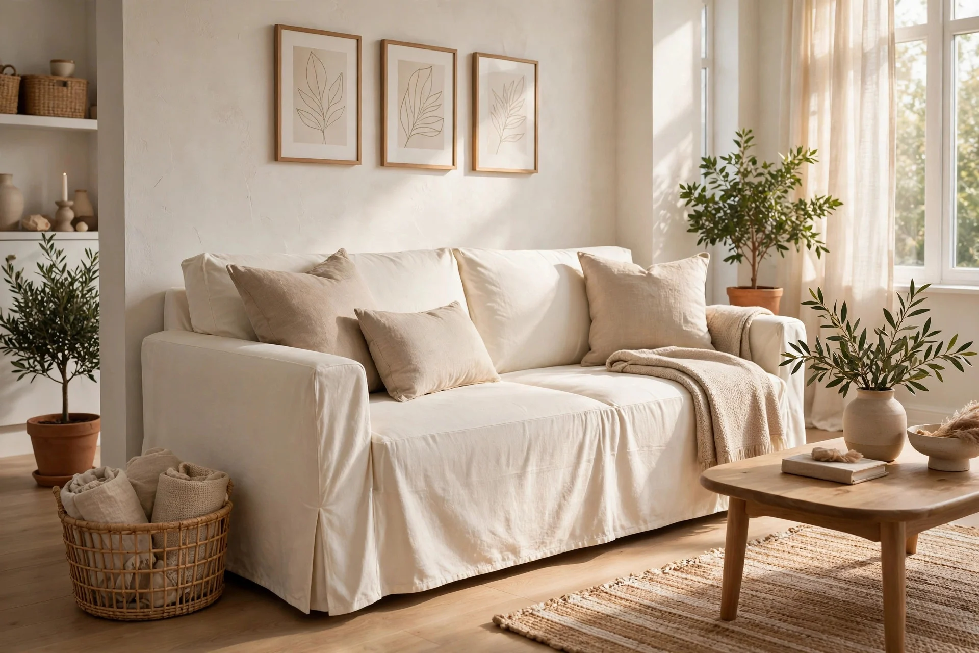 Ivory washable slipcover fitted over a sofa with linen cushions