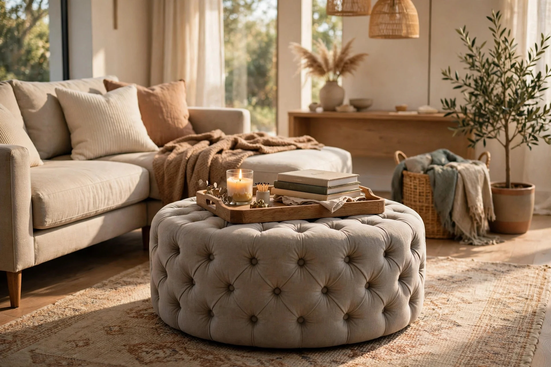 Tufted storage ottoman styled as coffee table with wooden tray
