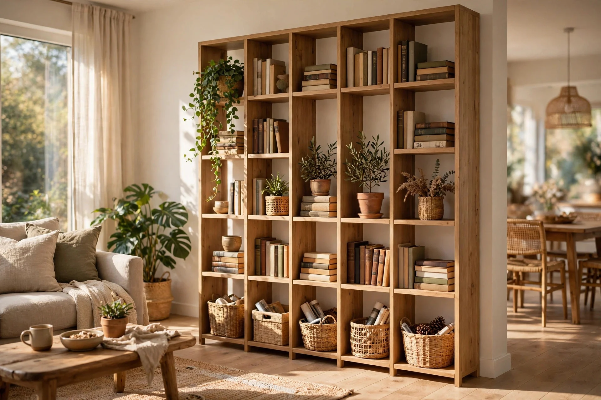Tall freestanding open bookshelf dividing a sunlit living room