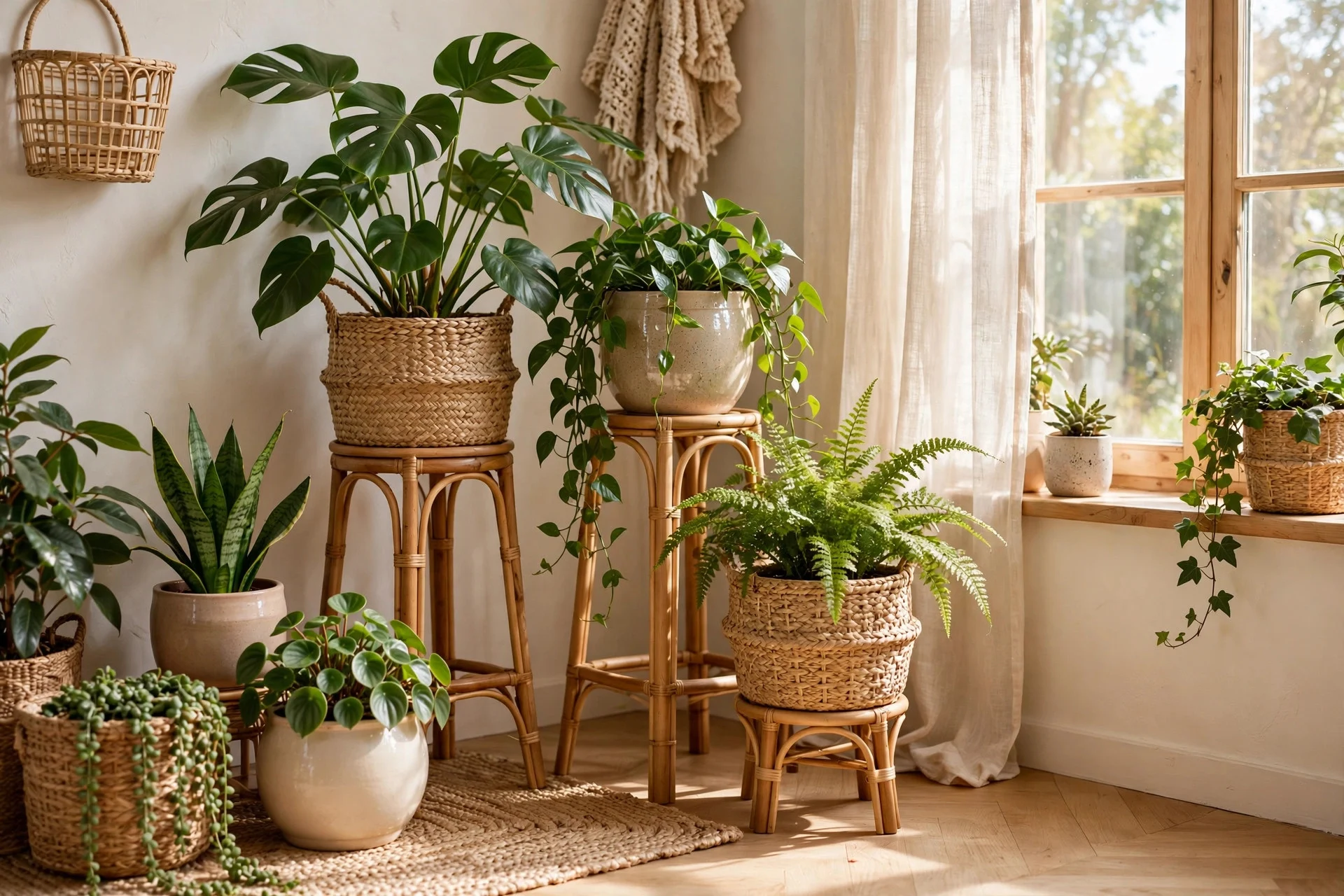 Cluster of leafy houseplants in woven baskets near bright window