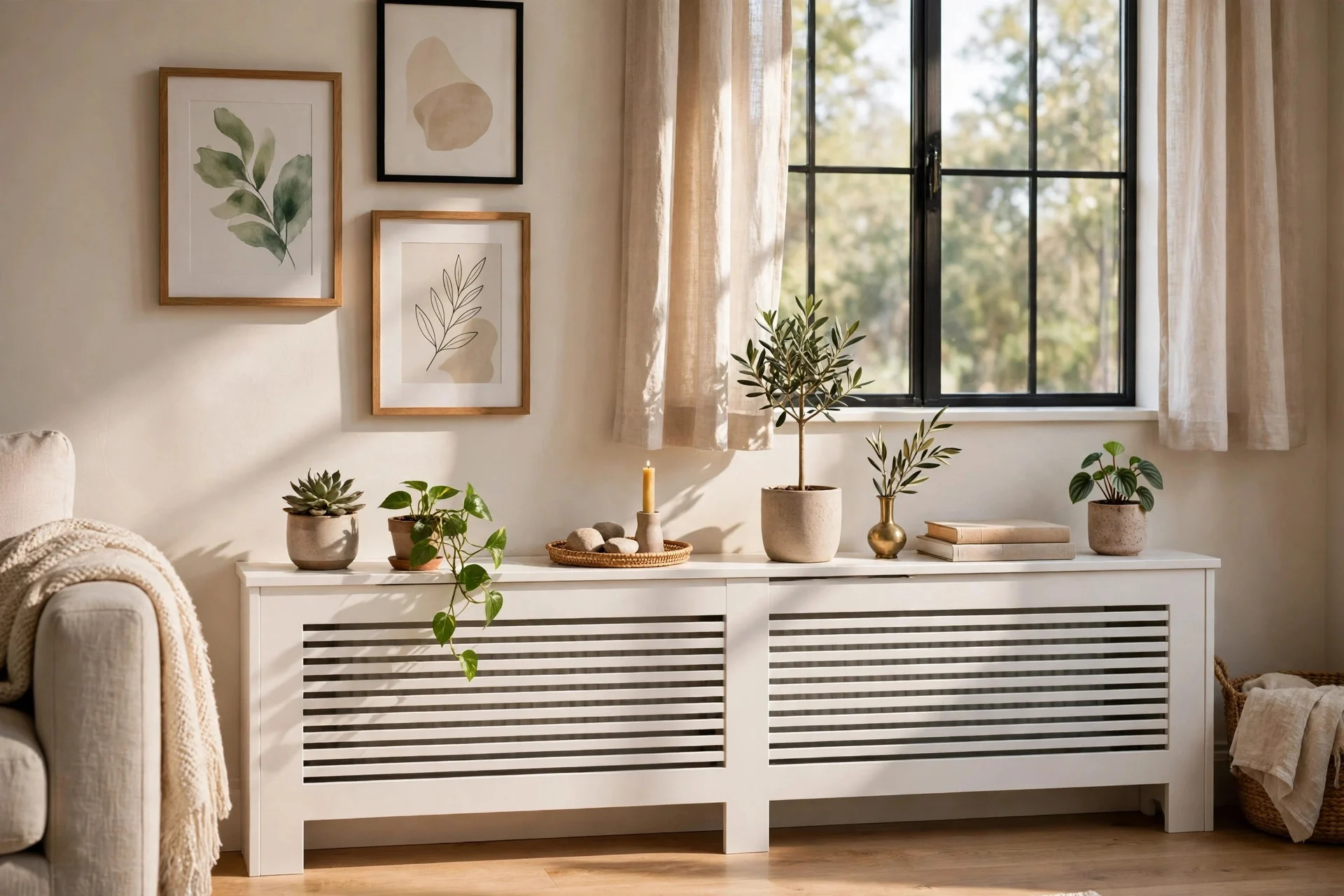 White radiator cover console styled with plants under window