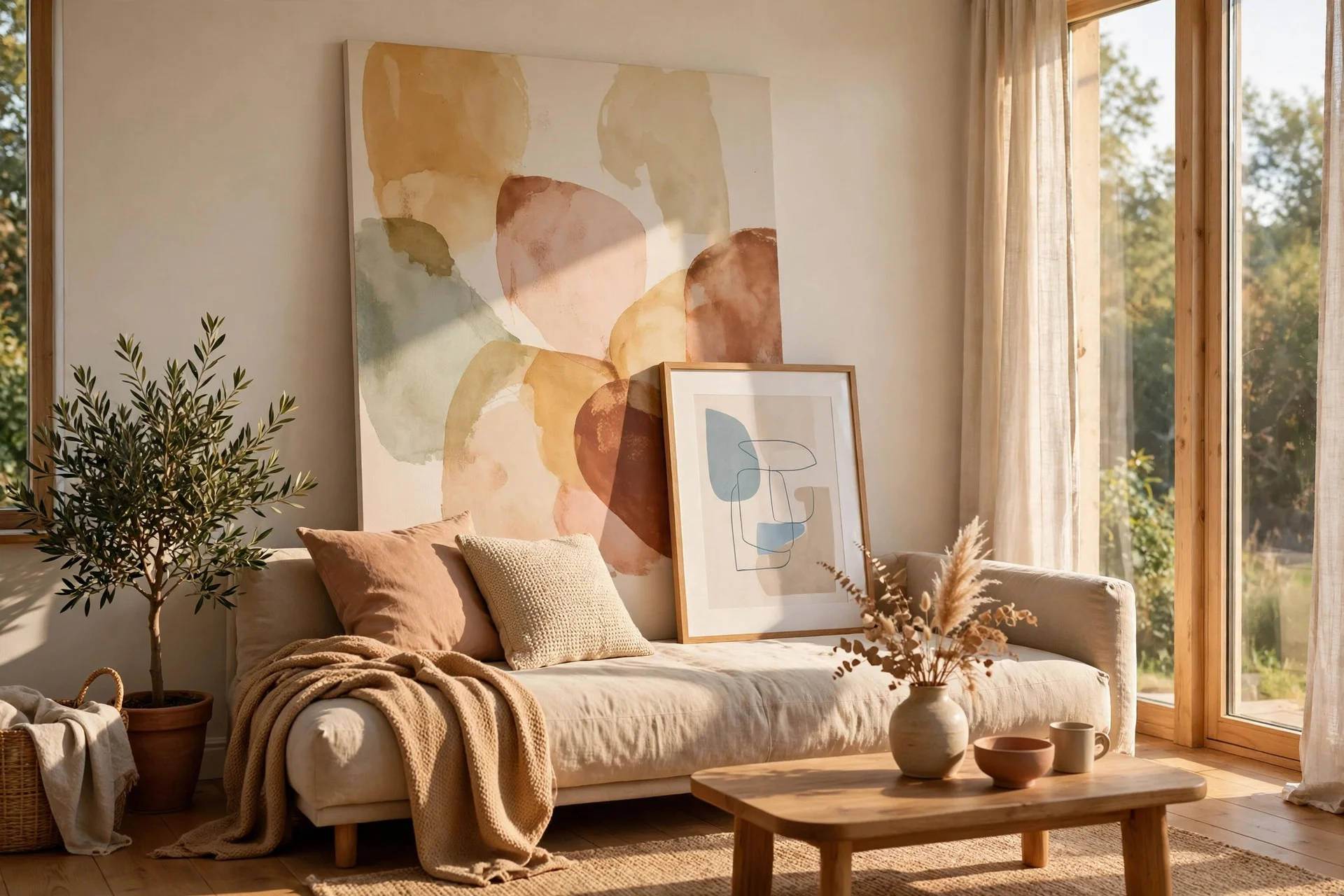Oversized art print leaning against wall above low beige sofa