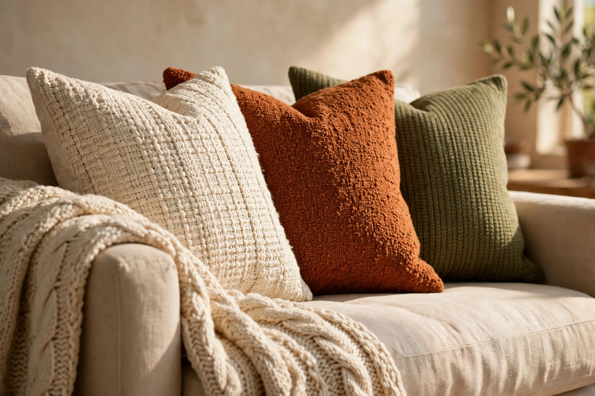 Textured throw pillows and knit blanket layered on couch